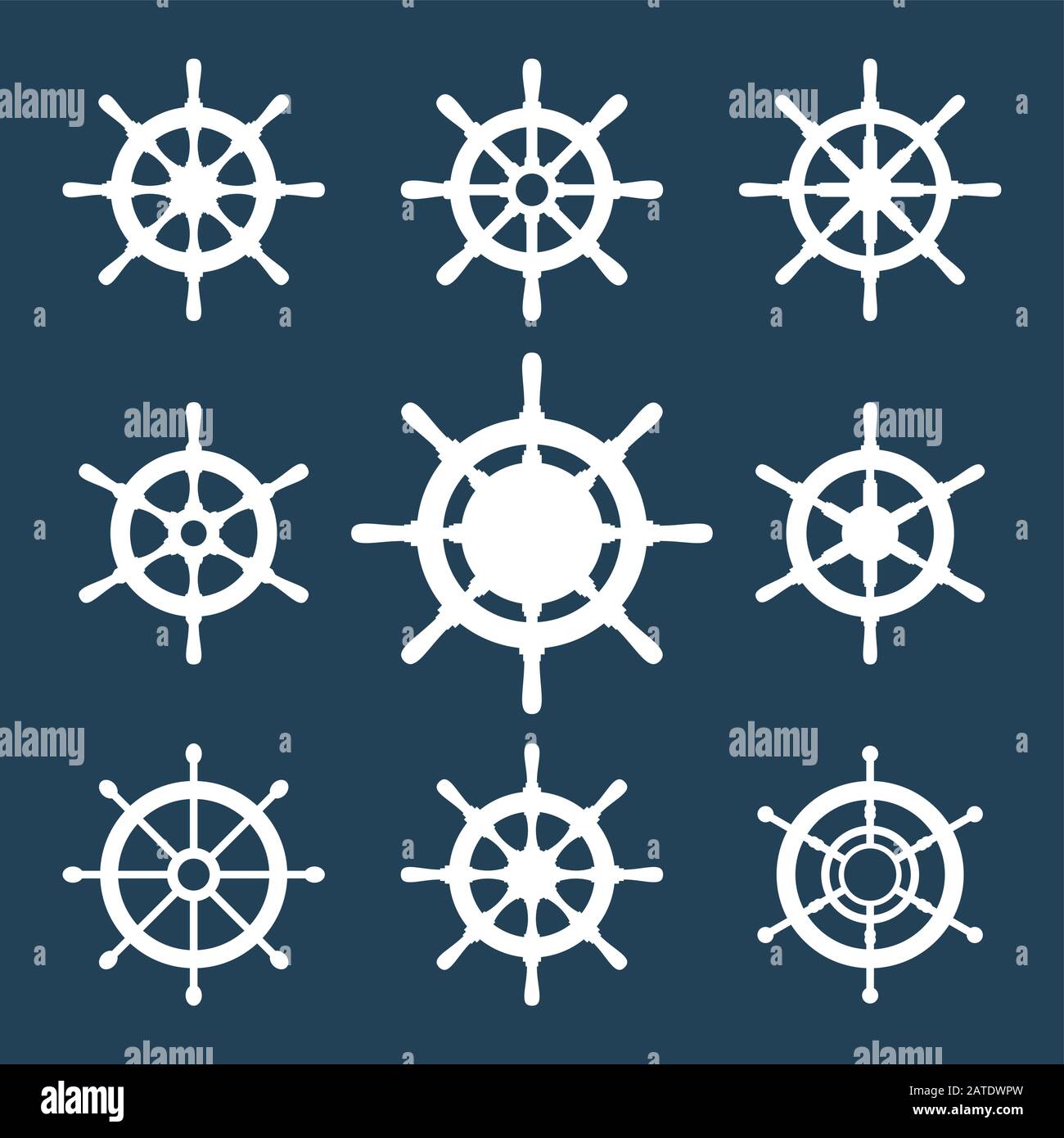 Set di icone vettoriali per il timone della nave. Icone del volante del timone isolate in bianco. Simboli delle icone sul volante. Raccolta di 9 sagome vettoriali per il timone della nave. Lui Illustrazione Vettoriale