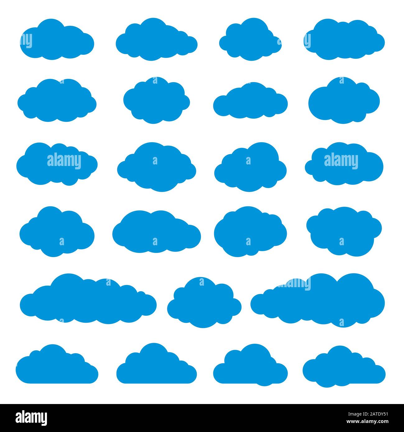 Raccolta di ventitré icone piatte. Set di simboli di silhouette nuvoletta. Nuvole blu cielo isolato su sfondo bianco. Illustrazione del vettore in Illustrazione Vettoriale