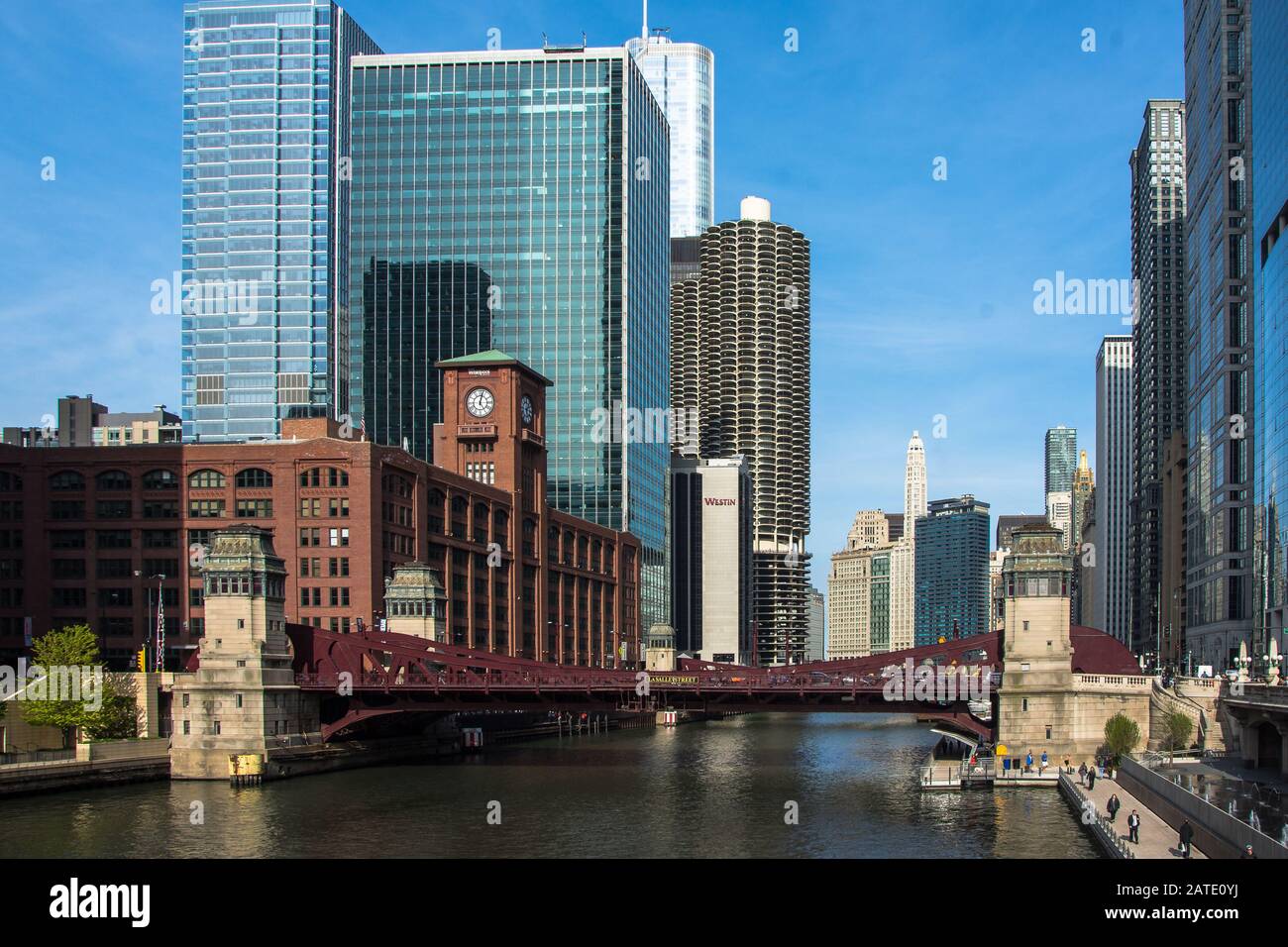 Lungofiume di Chicago. Immagine del quartiere centrale di Chicago al crepuscolo. Città Chicago Foto Stock