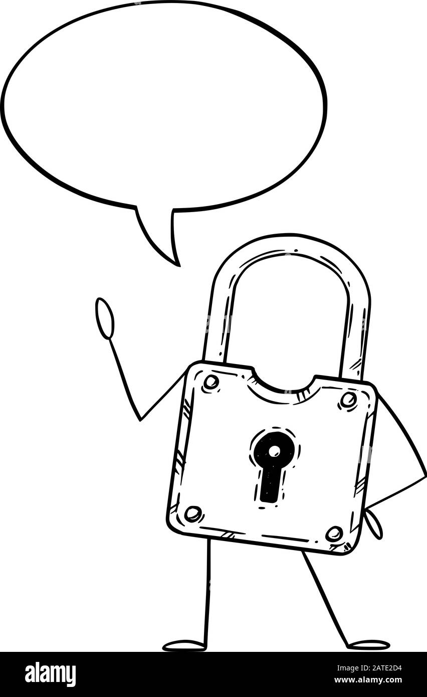 Illustrazione vettoriale del carattere cartoon lock o lucchetto con il linguaggio bubble.sicurezza o privacy pubblicità o marketing design. Illustrazione Vettoriale