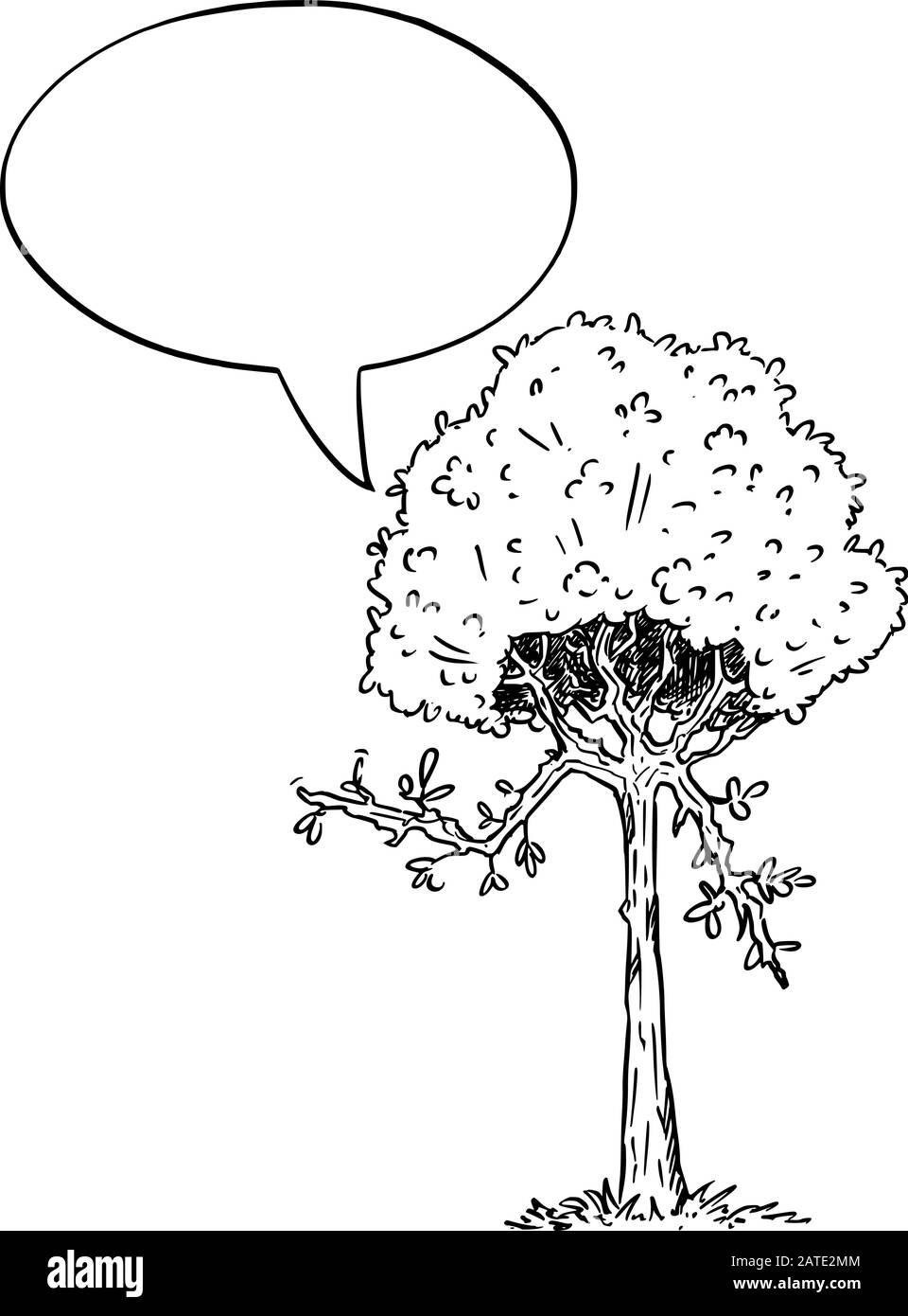Illustrazione vettoriale del carattere di pianta dell'albero di fioritura del cartone animato con la bolla del parlato. Ecologia o natura pubblicità o disegno di vendita. Illustrazione Vettoriale
