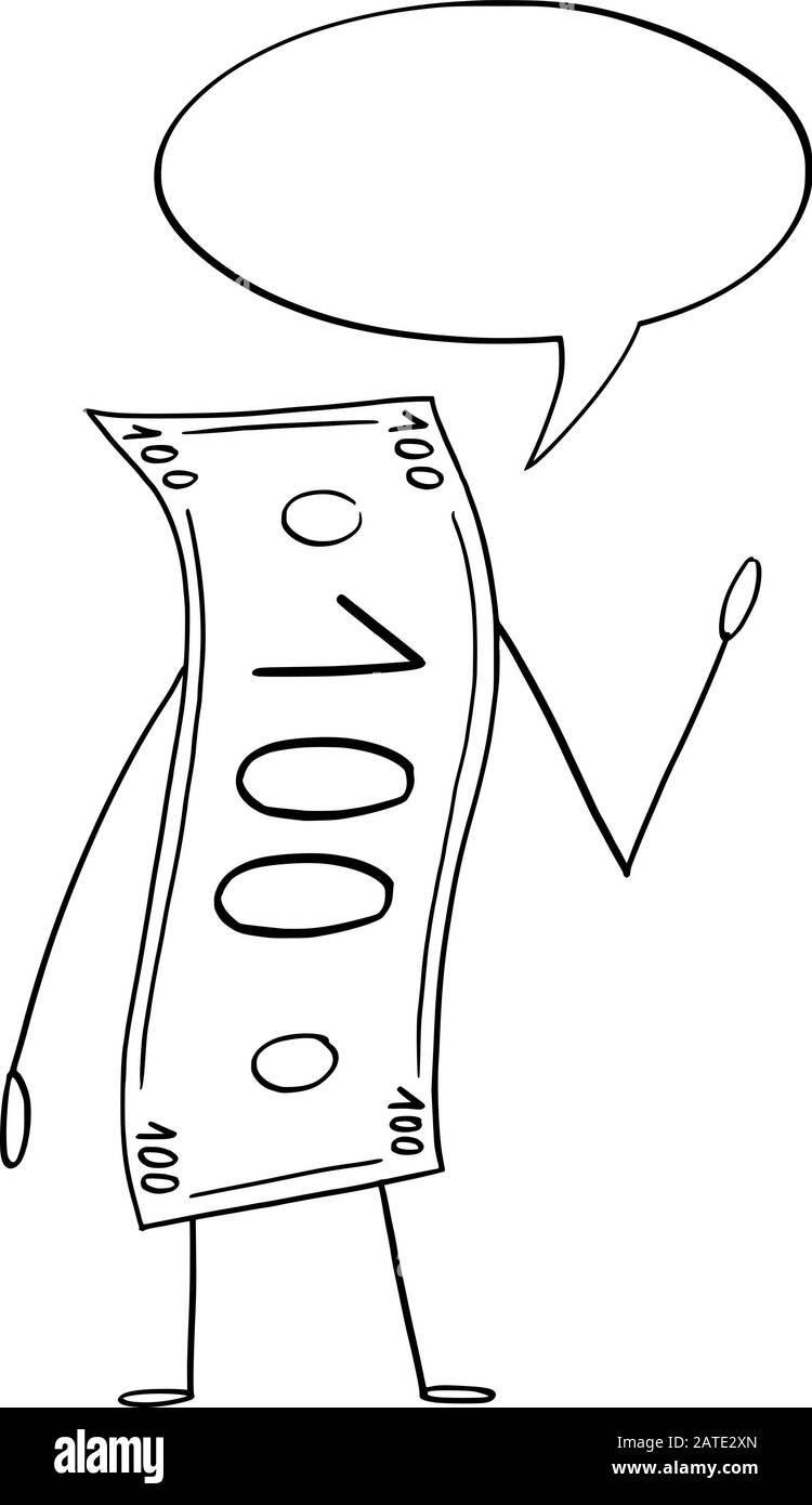 Illustrazione vettoriale della banconota da cartoni animati o del carattere della banconota da banconote con bolla del parlato . Economia o pubblicità finanziaria o disegno di vendita. Illustrazione Vettoriale