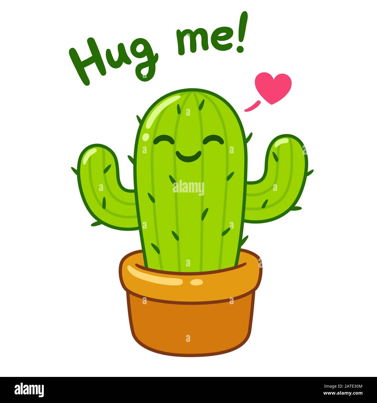 Kawaii cactus disegno con testo Hug Me! Divertente immagine vettoriale della carta di San Valentino, carino doodle cartone animato. Illustrazione Vettoriale
