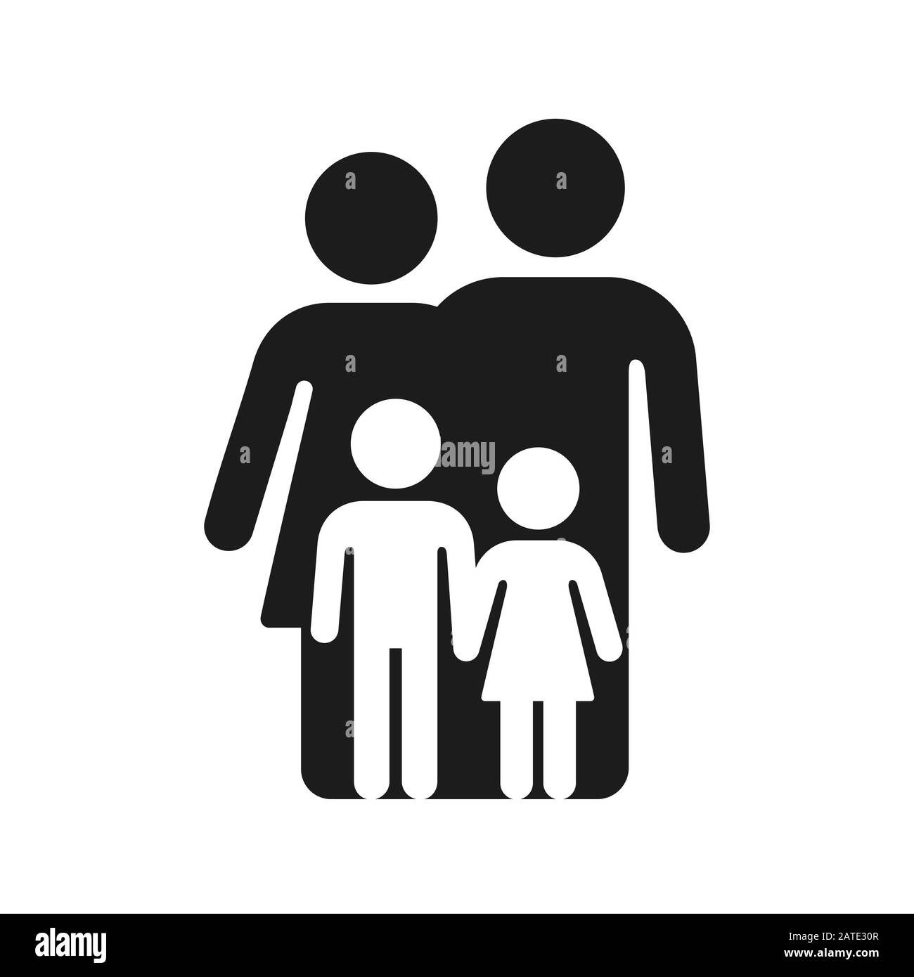 Semplice figura famiglia di madre, padre e due figli. Simbolo o logo geometrico minimo in bianco e nero. Illustrazione dell'icona del vettore isolato. Illustrazione Vettoriale