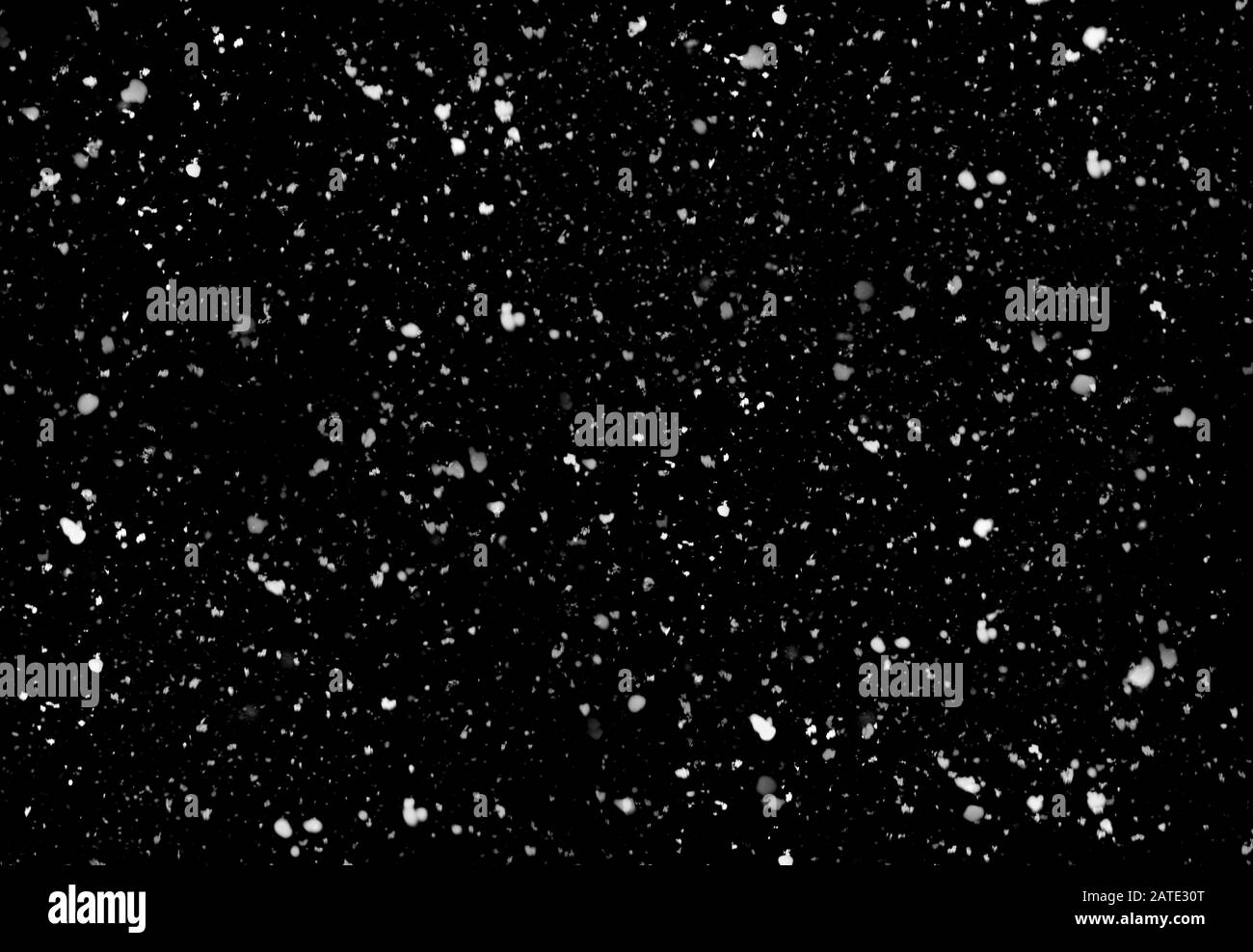 Neve, Nevicate e fiocchi di neve su sfondo nero come Texture, Winter Pattern Foto Stock