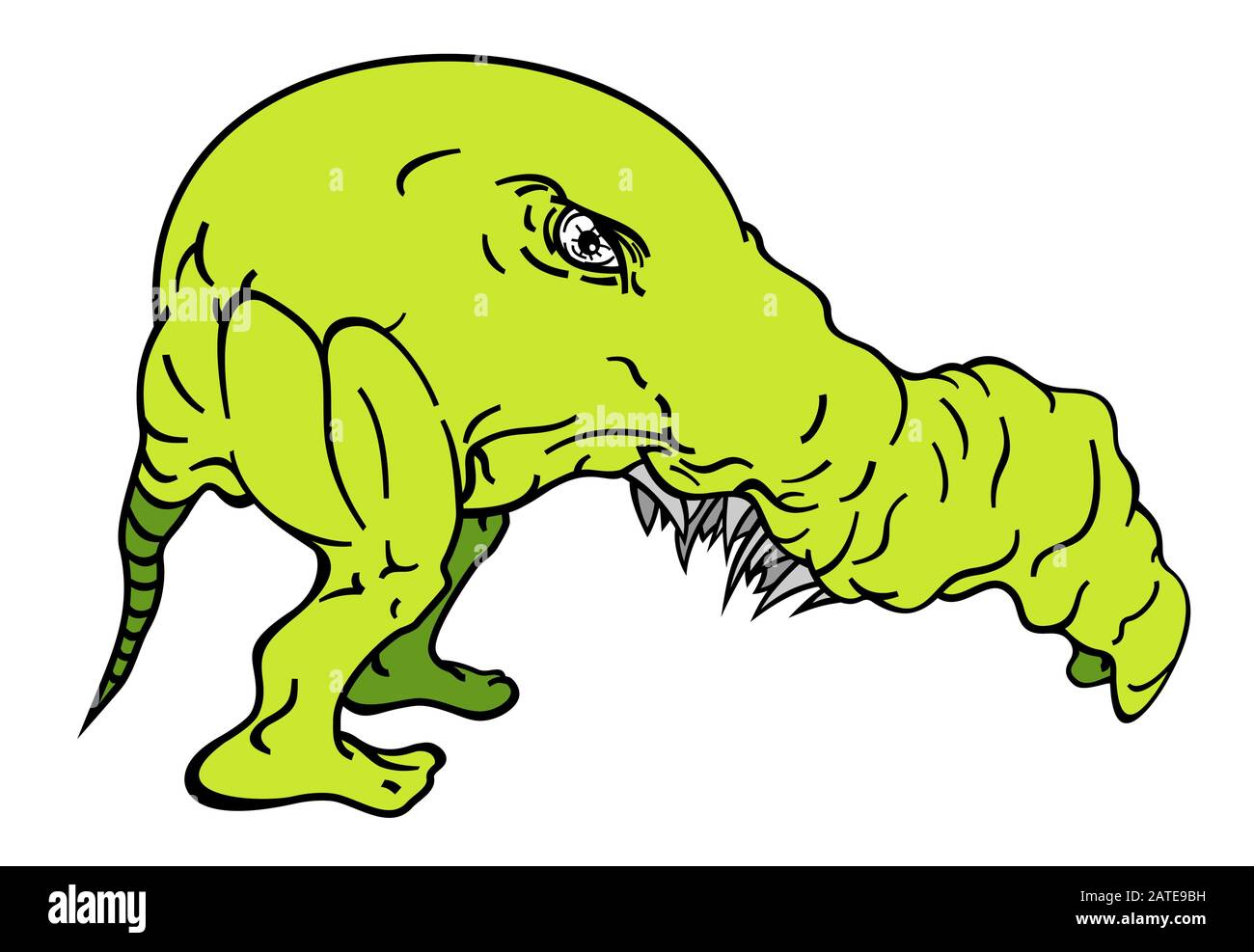 disegno di fantastica creatura verde con due gambe e coda e lungo tronco e denti Illustrazione Vettoriale