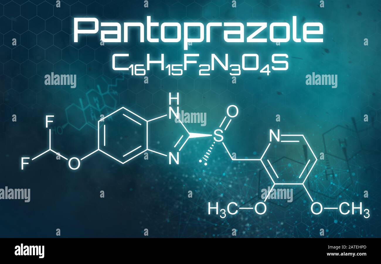 Formula chimica di Pantoprazolo su sfondo futuristico Foto Stock
