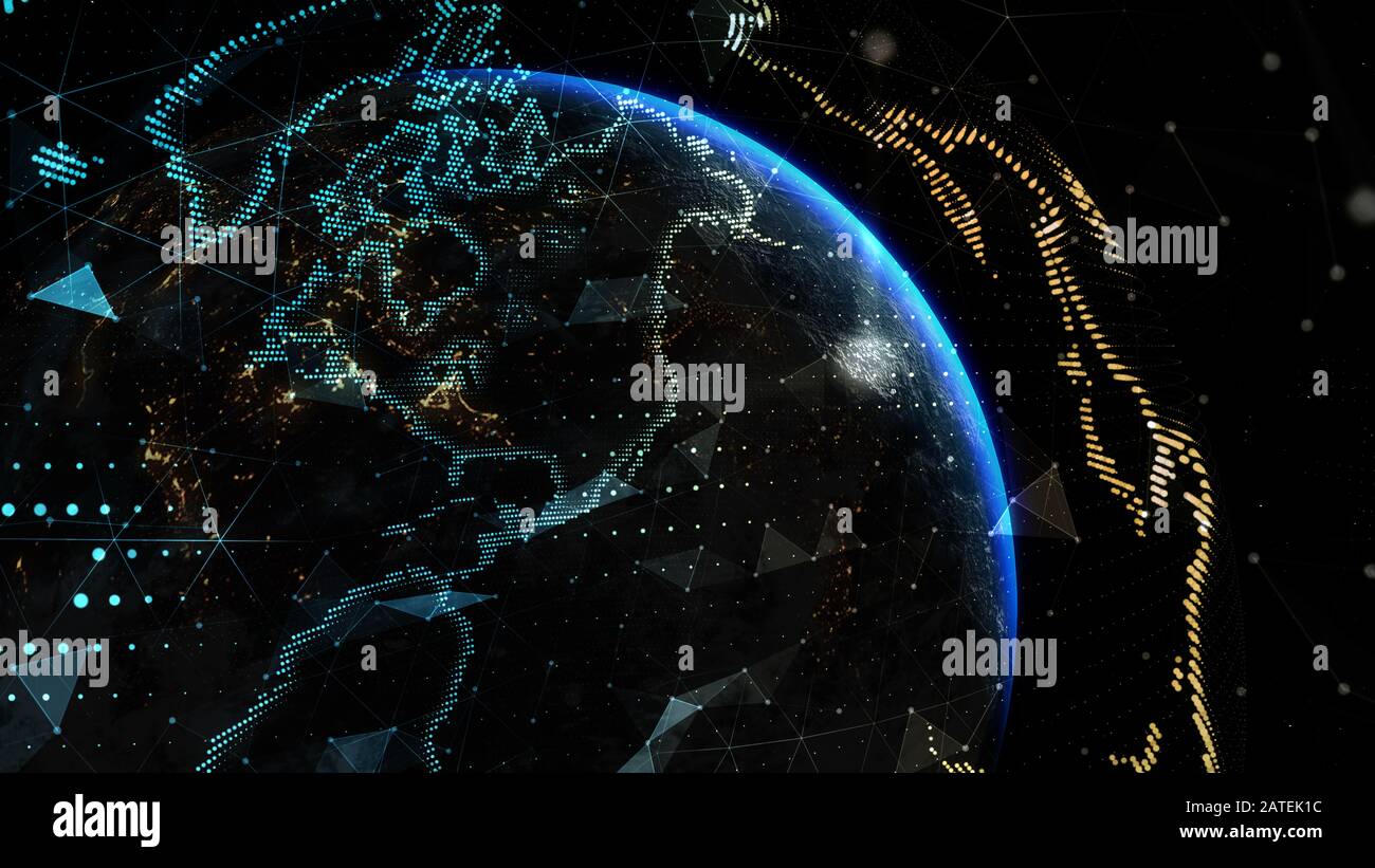 Tecnologia di comunicazione per internet business. Mondo globale della rete di telecomunicazioni e sulla terra. Gli elementi di questa immagine fornita dalla NASA - 3d ill Foto Stock