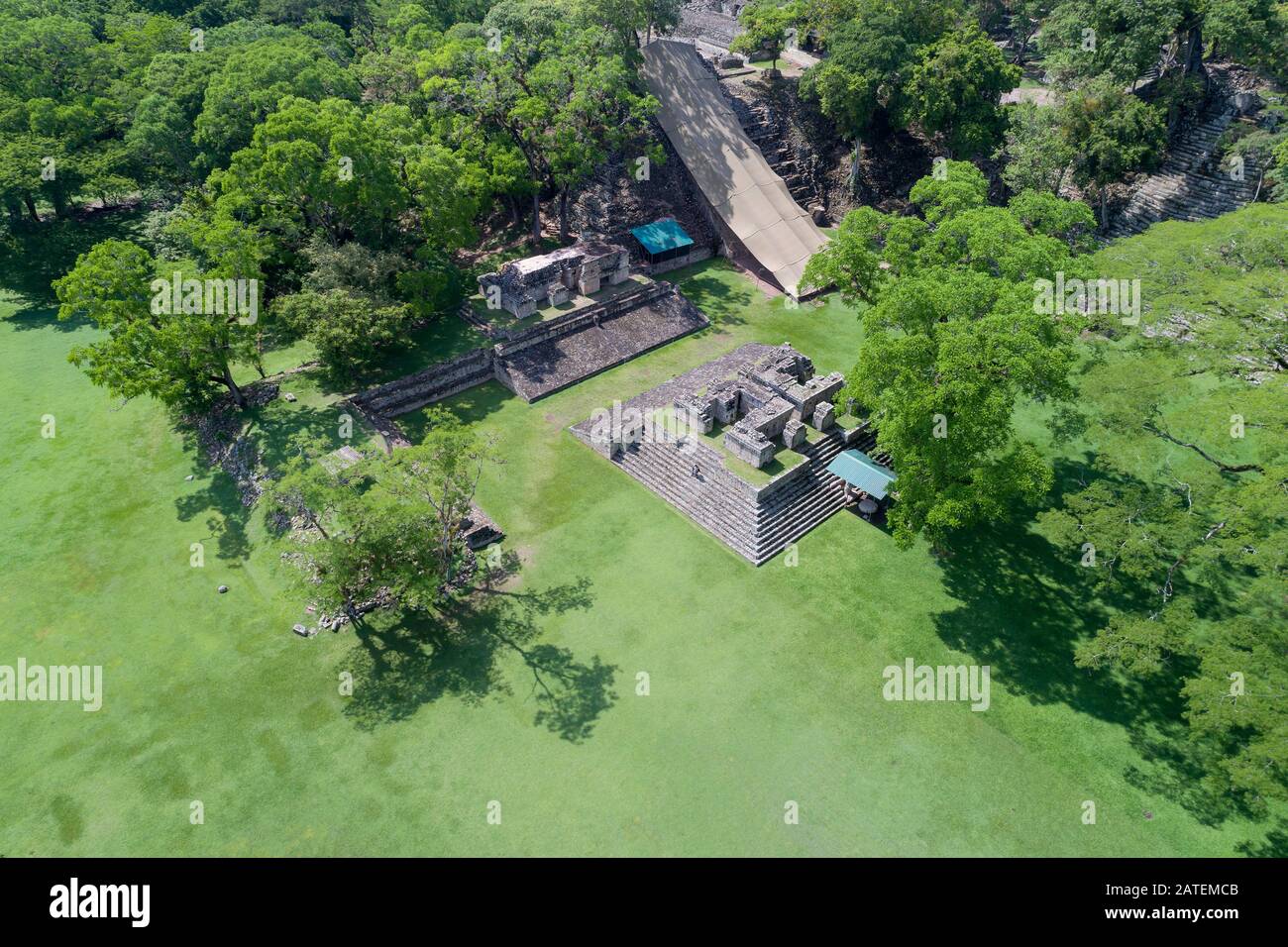 Veduta aerea dello scavo dalle rovine Maya Copan, Honduras Copan Ruinas, Honduras Foto Stock
