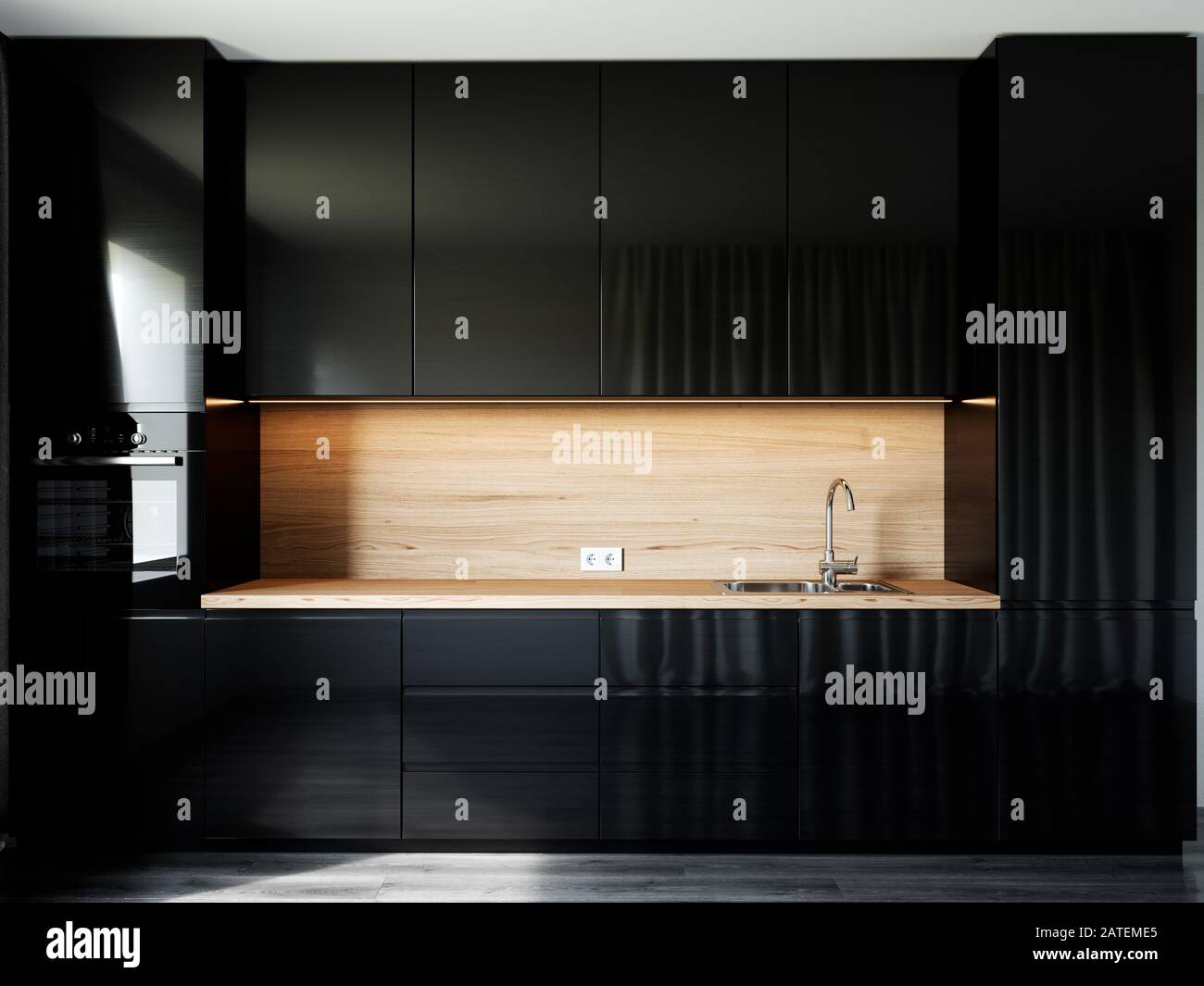 Moderna cucina nera vista frontale. illustrazione del rendering 3d Foto Stock