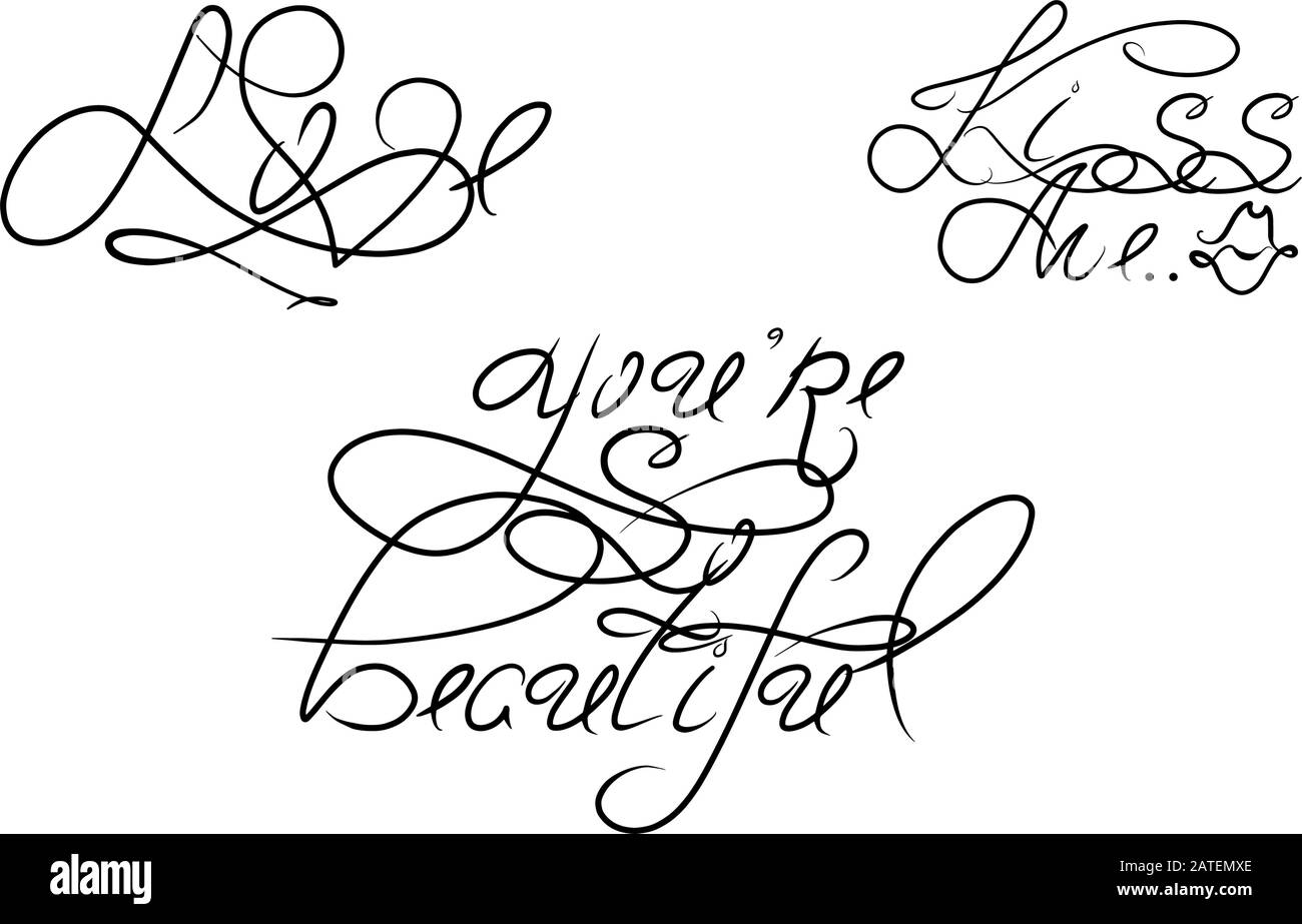 Romanticismo set scritta per celebrazione decorazione design. Sei così bello, baciami, amore. Frase disegnata a mano, modello vettore. Insegna d'amore Per Invito, biglietto d'auguri isolato su sfondo bianco. Illustrazione Vettoriale