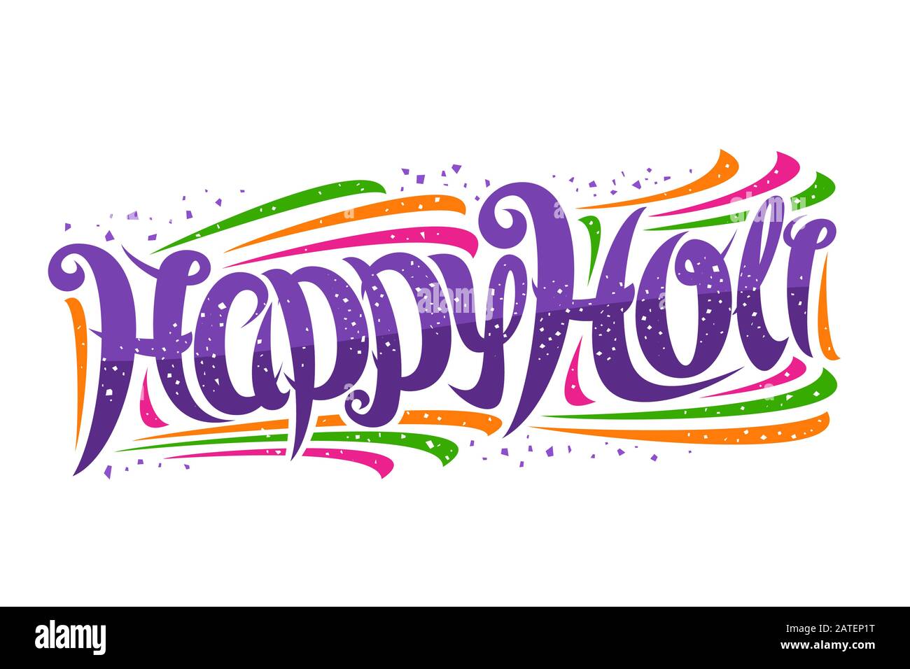 Biglietto d'auguri vettoriale per il Festival Holi, invito decorativo con carattere calligrafico curly e elementi di design colorati, carattere a spazzola swirly per con Illustrazione Vettoriale