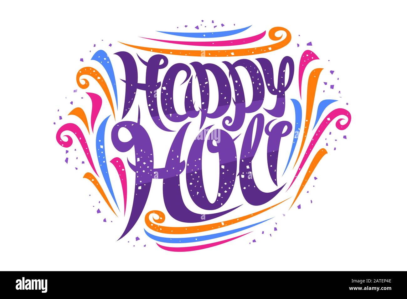 Biglietto d'auguri vettoriale per il Festival Holi, invito decorativo con carattere calligrafico curly e elementi di design colorati, carattere a spazzola swirly per con Illustrazione Vettoriale