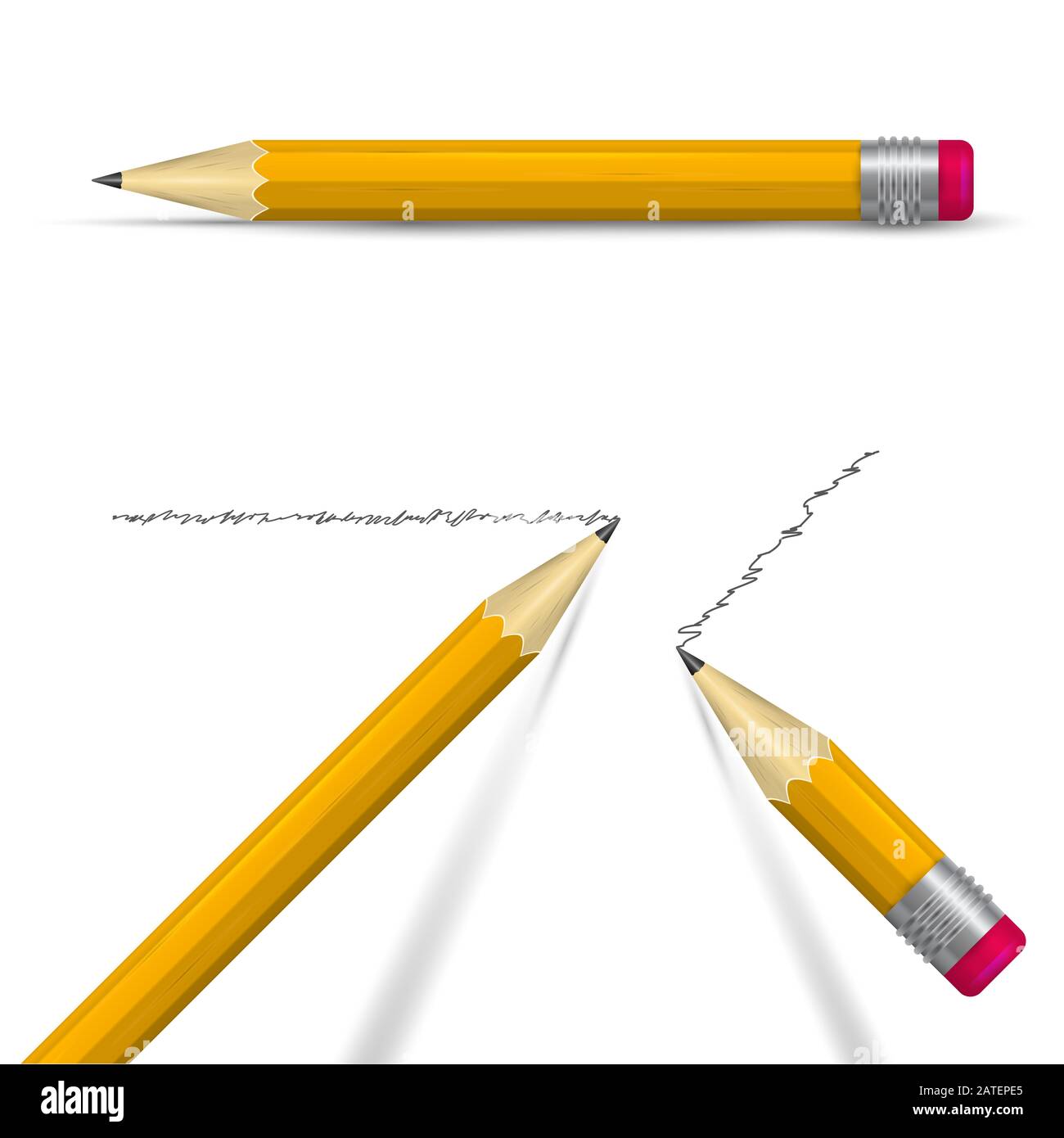 Scrivere un set di penne 3D realistico. Matite arancioni affilate con gomma.  Due matite con punte con ombre e una matita sul suo lato Foto stock - Alamy