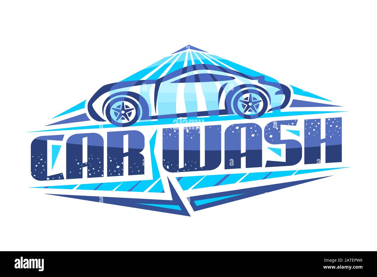 Logo Vector per Car Wash, cartello decorativo con illustrazione della vettura sportiva sotto la doccia ad acqua, insegna alla moda con carattere creativo per Illustrazione Vettoriale