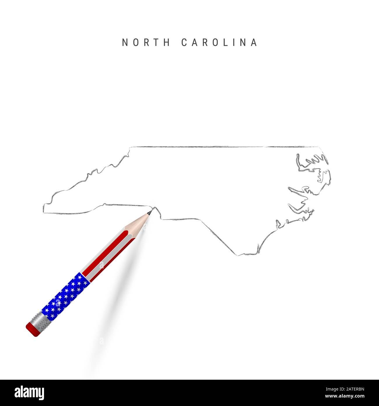 North Carolina Stati Uniti mappa dello stato schizzo a matita. North Carolina contorno mappa con matita 3D in american flag Colors. Disegno a mano libera , disegno a mano sk Foto Stock