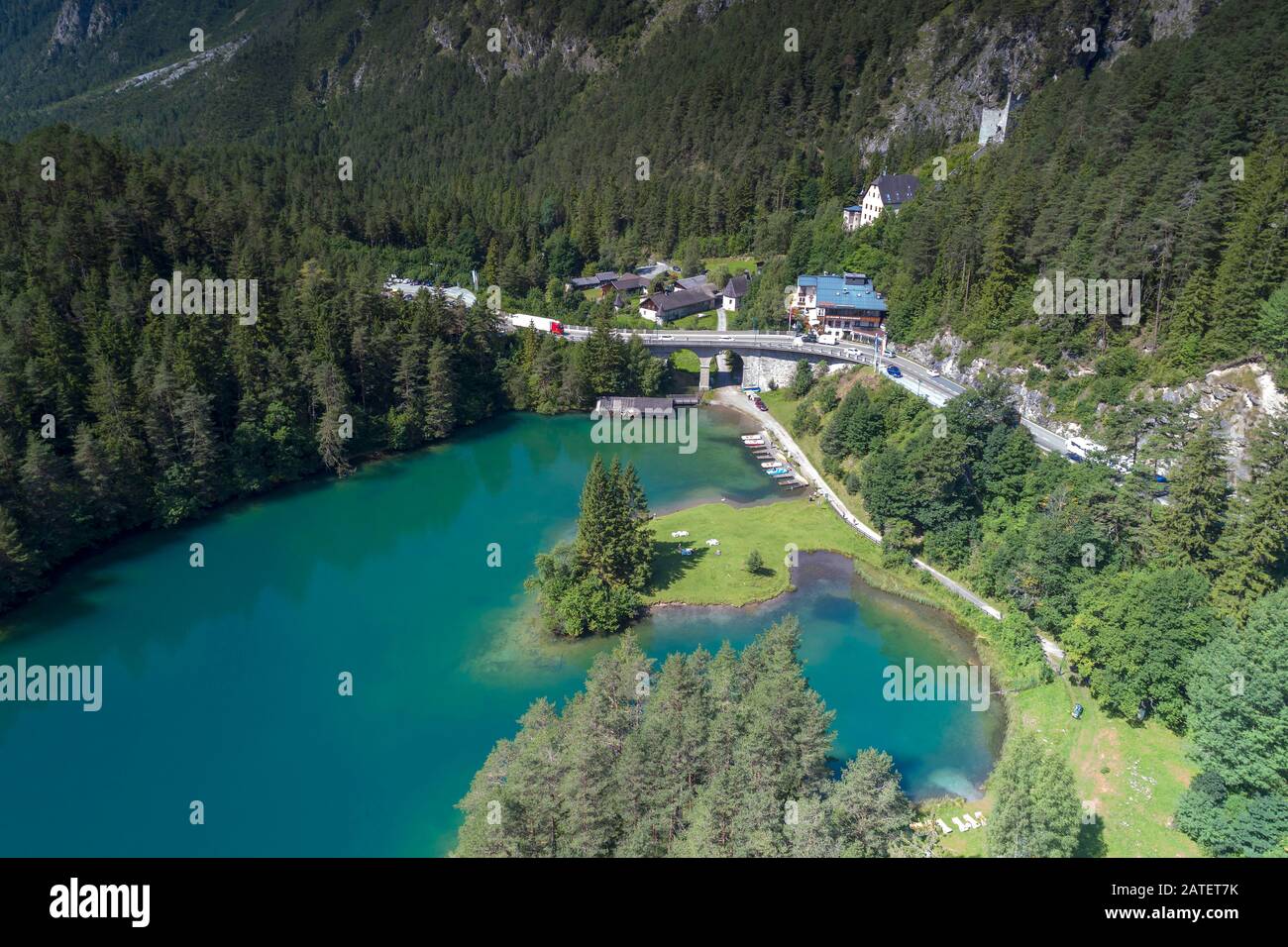 Veduta Aerea Da Fernsteinsee, Fernpass, Nassereith, Tirolo, Austria Foto Stock