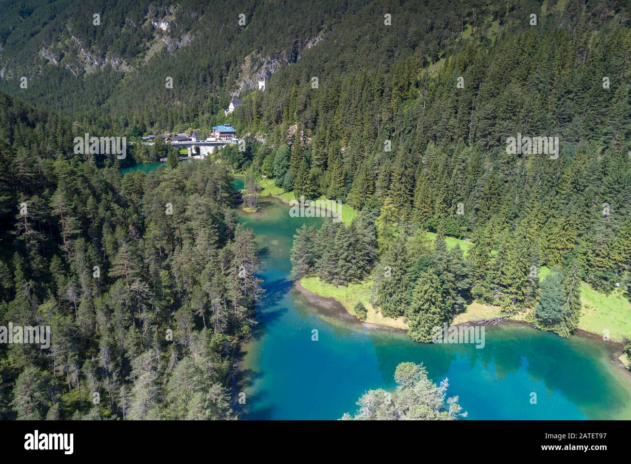 Veduta Aerea Da Fernsteinsee, Fernpass, Nassereith, Tirolo, Austria Foto Stock