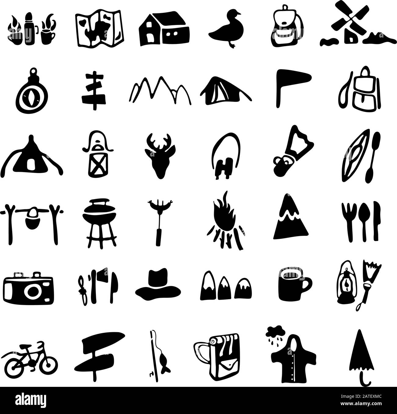 Icone vettore campeggio set per mappe, siti web e stampa. Immagini di viaggio in stile doodle. Turismo ecologico ed etico. Pesca, kayak, inseguimento - un Illustrazione Vettoriale