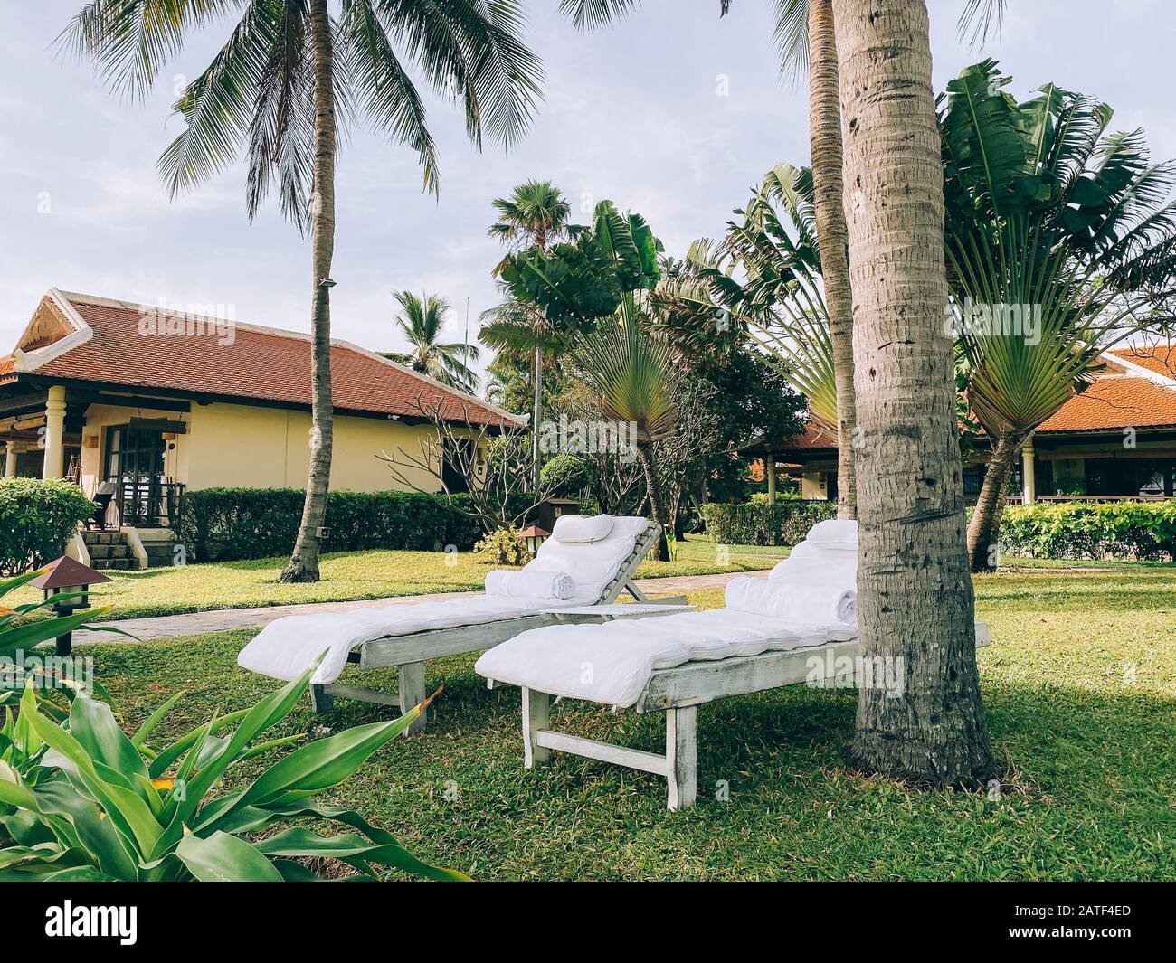 Bungalows in piedi tra vegetazione tropicale, circondato da palme. Un luogo dove rilassarsi e meditare. Rilassatevi in un paradiso tropicale Foto Stock