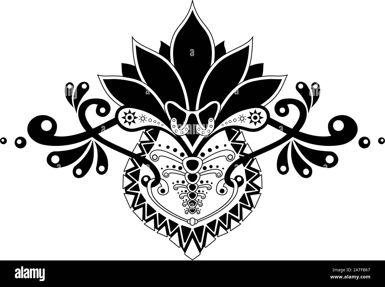 Motivo etnico con motivo organico, isolatide su sfondo bianco. Mehndi, hennè, elemento di disegno tribale. Disegno per tatuaggio, poster, decorazione, e. Illustrazione Vettoriale