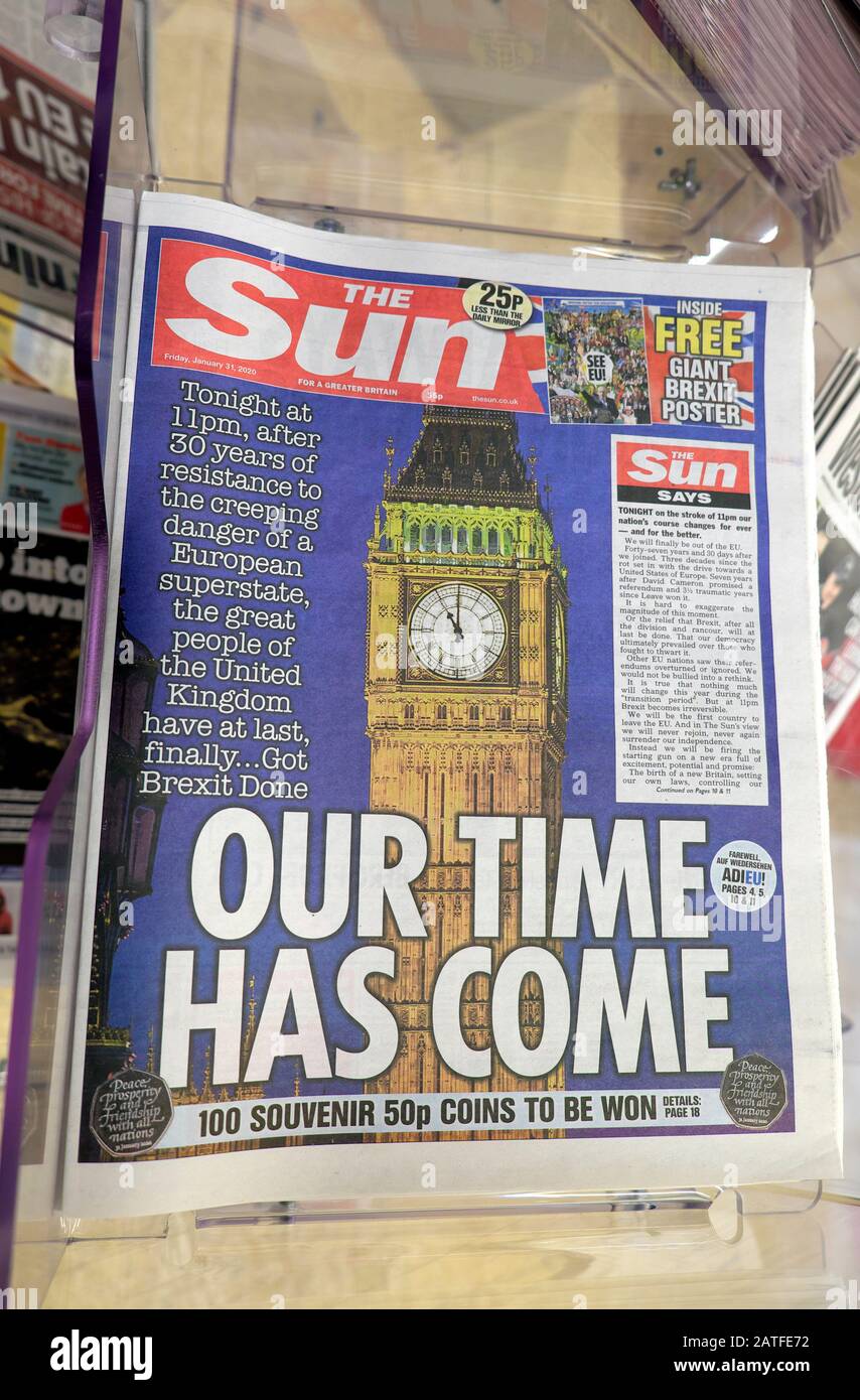 Il quotidiano del Sun Brexit Day, titolo di prima pagina, "Il Nostro Tempo È Arrivato", fa notizia di Londra Inghilterra UK Foto Stock