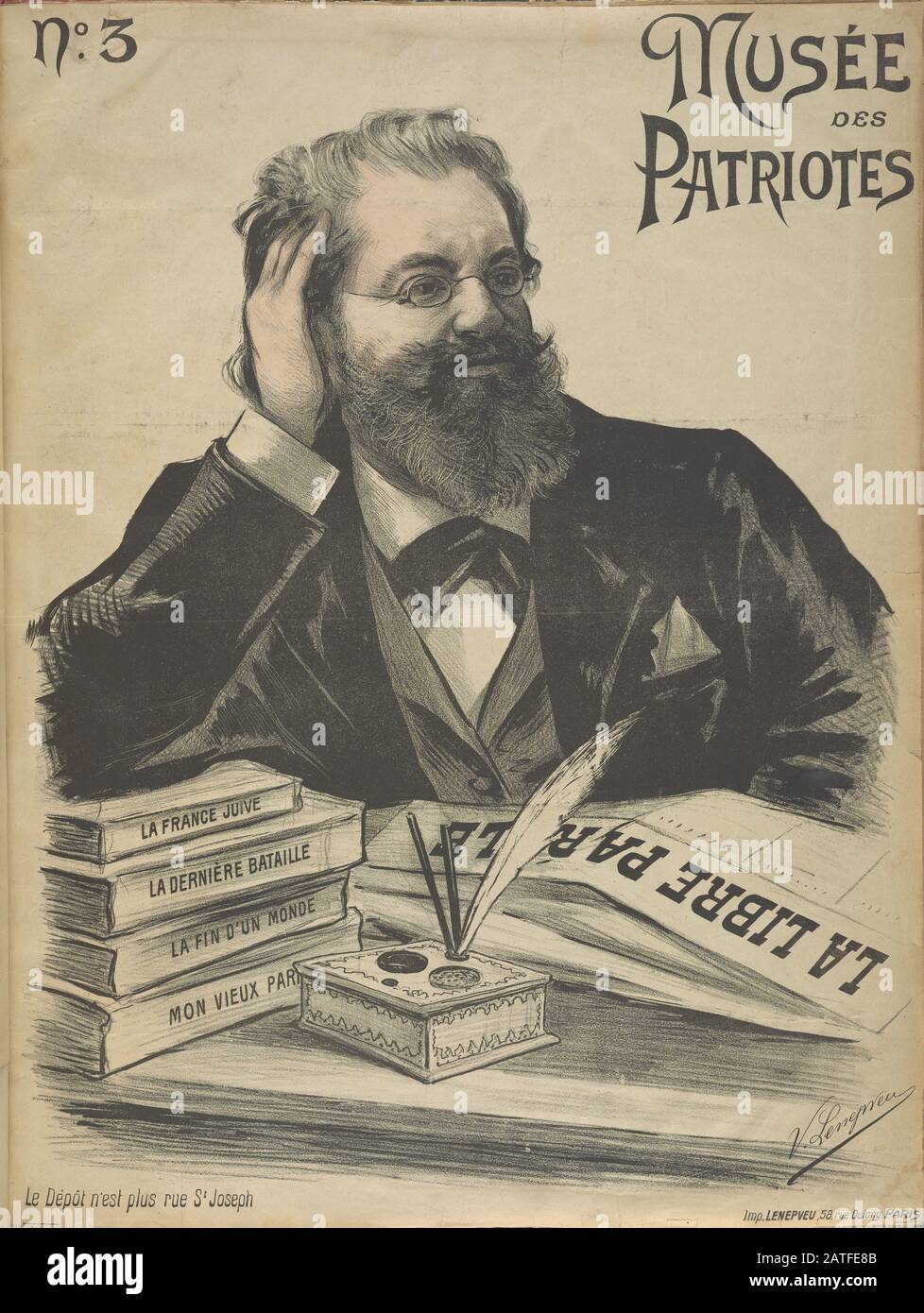 Musée des Patriotes - 1899 - - Lenepveu, V. - Caricatura di Édouard Dumont (1844-1917) poggiando il gomito su una pila delle sue pubblicazioni. Drumont è stato editore del quotidiano antisemita la Libre parole e autore di altre opere antisemite molto popolari, tra cui il Best-seller la France Juive, pubblicato nel 1886 e ristampato più di 200 volte in 60 anni. Colore della mano. Foto Stock