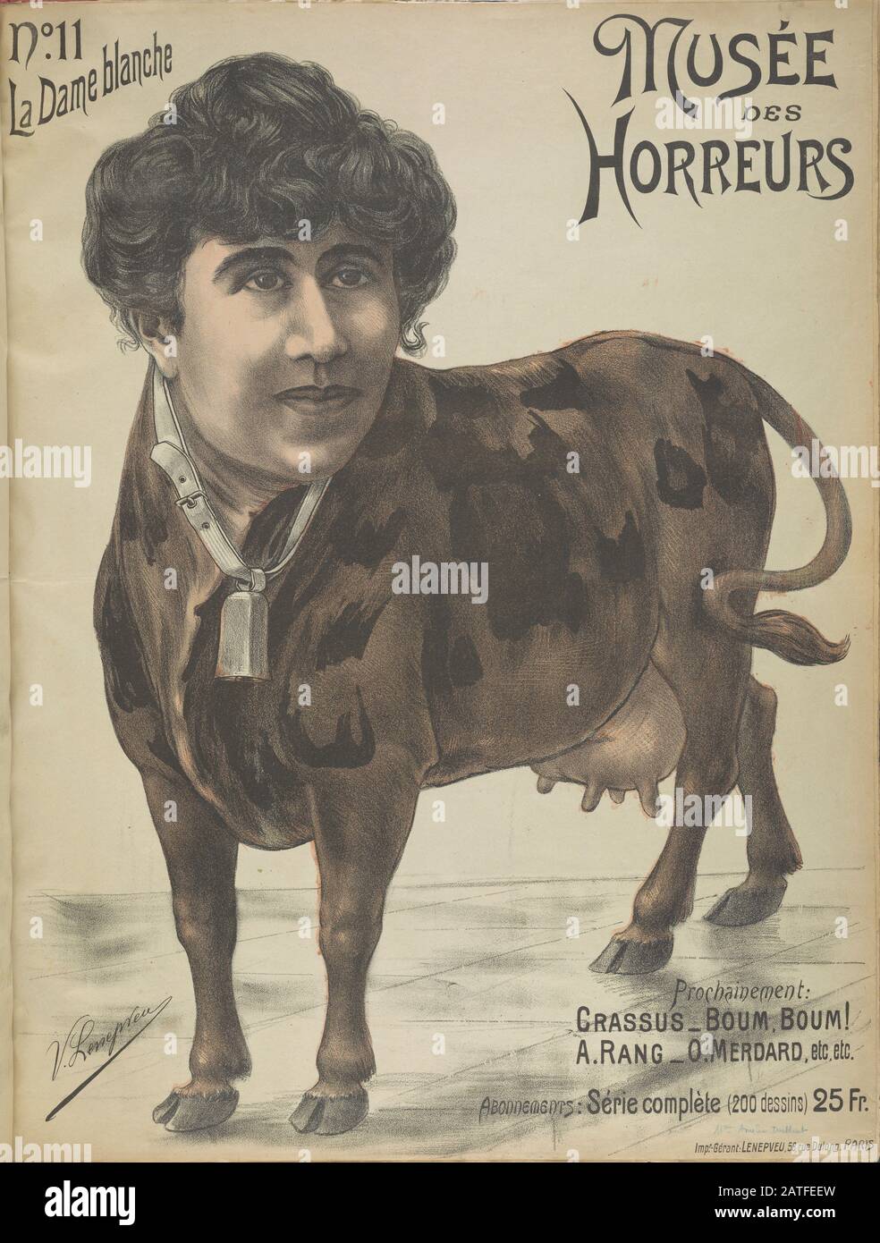 Musée des Horreurs - No. 11 la Dame blanche - 1899 - Lenepveu, V. - Caricatura di Amélie Darthout come mucca. Darthout frequentò regolarmente la prova di Dreyfus indossando tutto il bianco. Colore della mano. Foto Stock