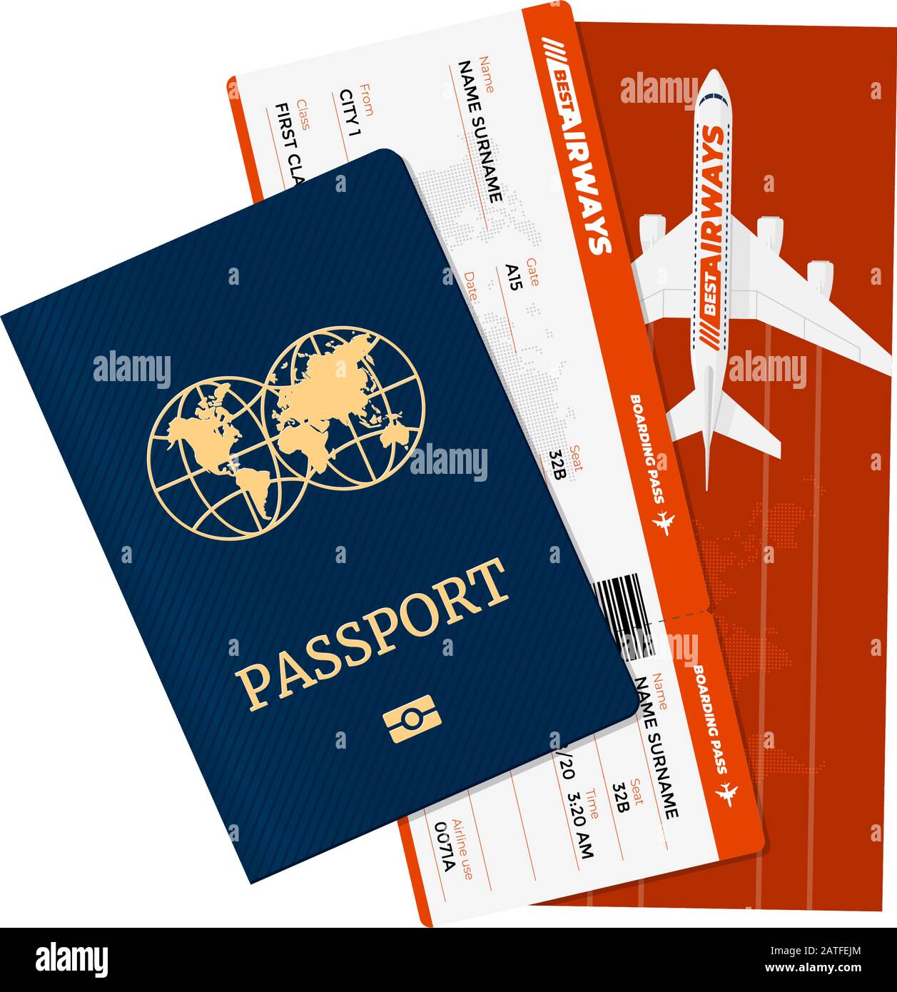 Passaporto con biglietti aerei. Documento di identificazione personale e carta d'imbarco della compagnia aerea. Vettore internazionale turismo viaggiare concetto di illustrazione isolato Illustrazione Vettoriale