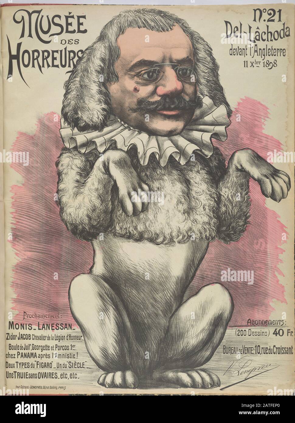 Museo dei Horreurs - No. 21 del-Lâchoda - 1899 Descrizione: Caricatura di Théophile Delcassé (1852-1923) come un barboncino che porta un collo di ruff. Delcassé divenne ministro degli Affari Esteri nel 1898 durante l'Affair di Dreyfus. Colore della mano. Foto Stock
