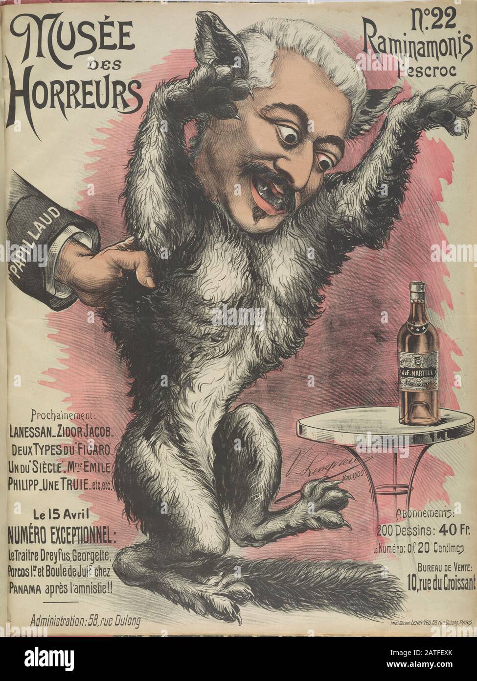22 Raminamonis l'escroc - 1899 - Lenepveu, V. - Caricatura di Antoine Emmanuel Ernest Monis (1846-1929) come cane (o volpe?) preso da un braccio e che eyeing una bottiglia di cognac. Monis era ministro della Giustizia sotto il regime di Waldeck-Rousseau che assicurò un perdono presidenziale per Dreyfus. Colore della mano. Foto Stock