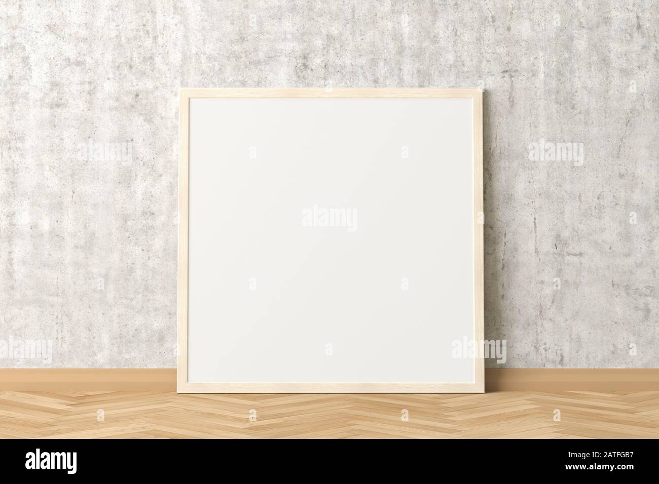 Il telaio quadrato vuoto del poster può essere modellato su un pavimento in parquet a spina di pesce, accanto a una parete in cemento. Tracciato di ritaglio intorno al poster Foto Stock