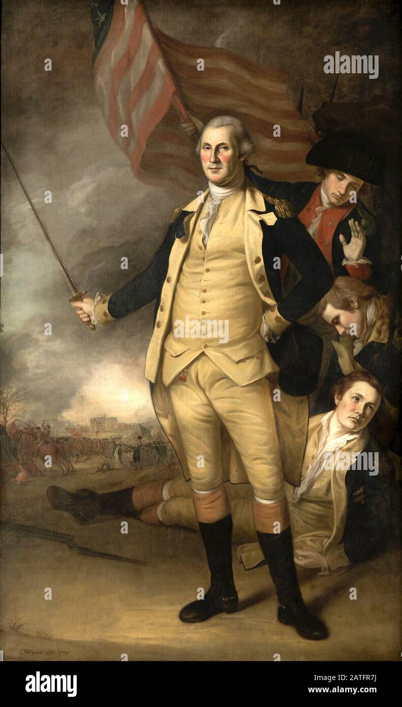 Un ritratto di Washington del 1784 di Charles Willson Peale che lo ritrae nella battaglia di Princeton Foto Stock