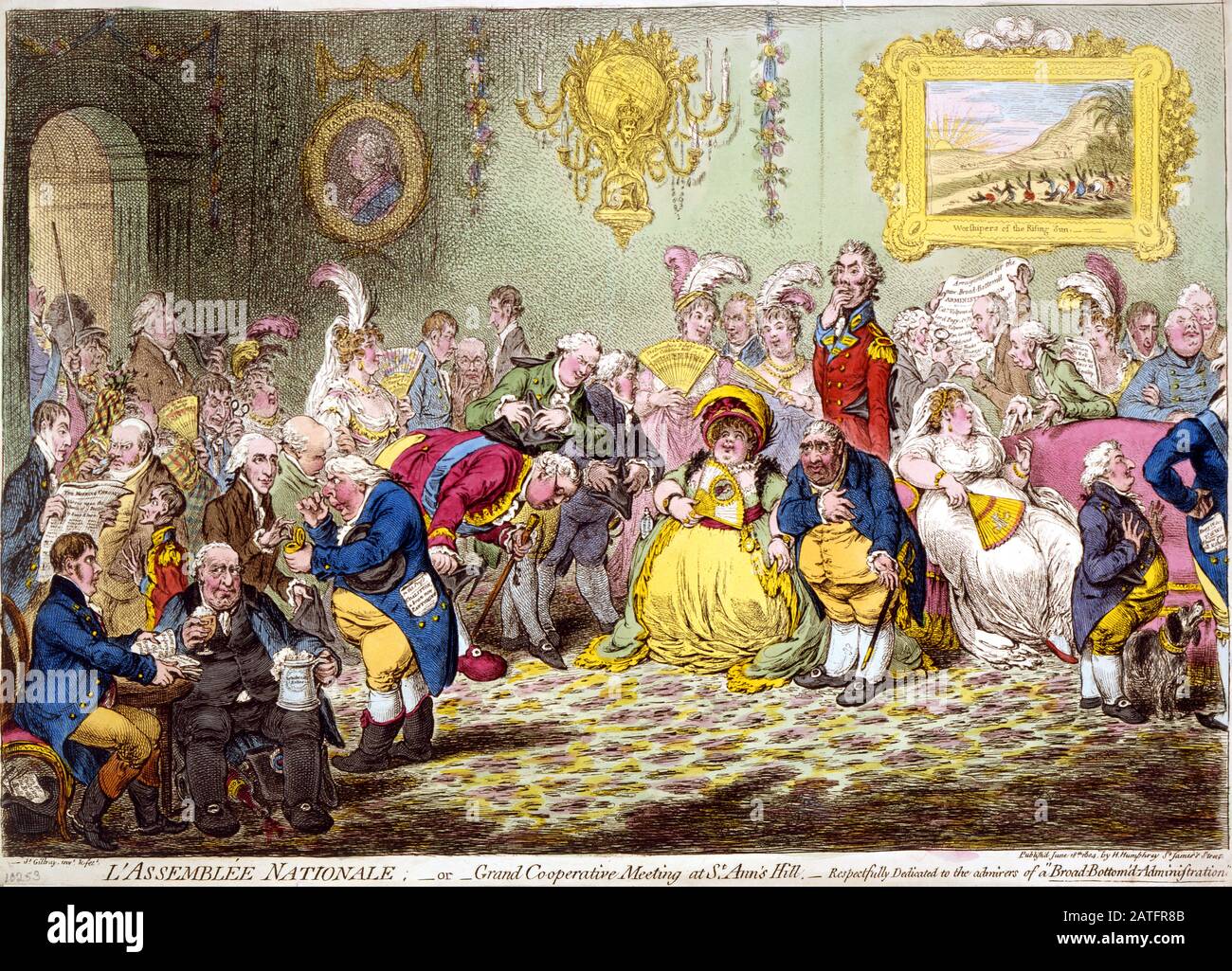 L'Assemblée Nationale (1804) di James Gillray. Stampa mostra un ricevimento dato da Charles James Fox e moglie per vari gruppi e amici del Principe di Galles, tutti contrari al governo. Foto Stock