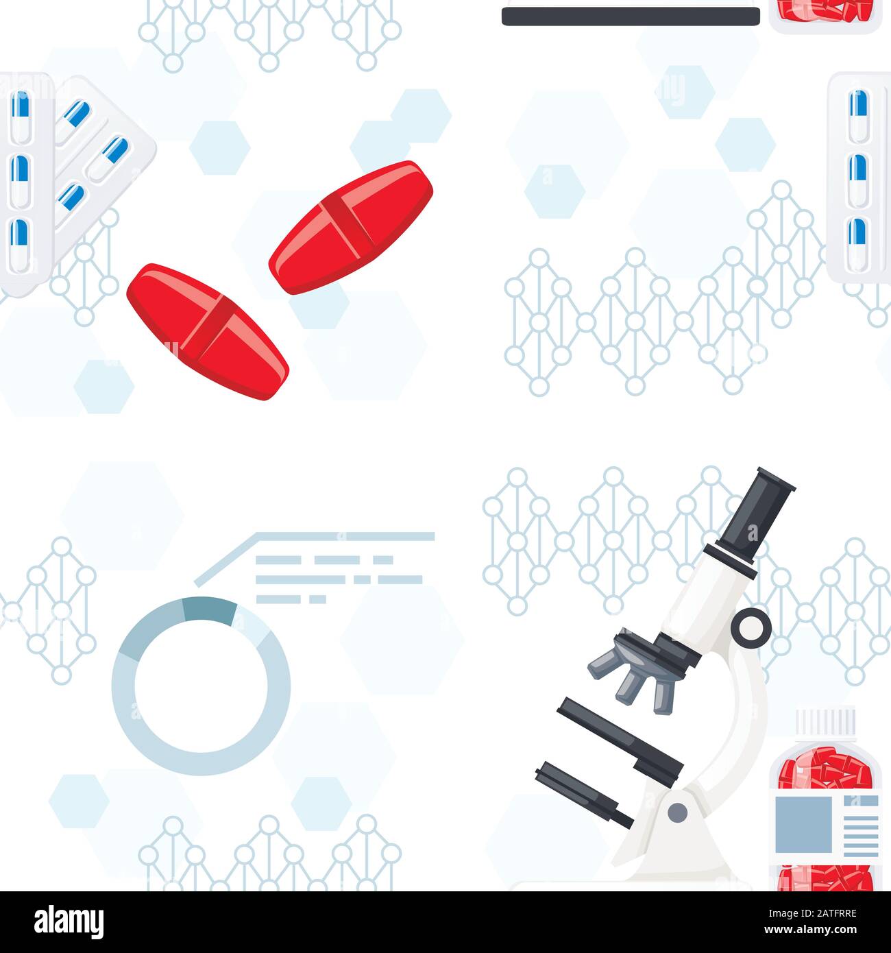 Modello senza soluzione di continuità di articoli farmaceutici medici pillole microscopio e medicina formula vettore piatto illustrazione su sfondo bianco Illustrazione Vettoriale