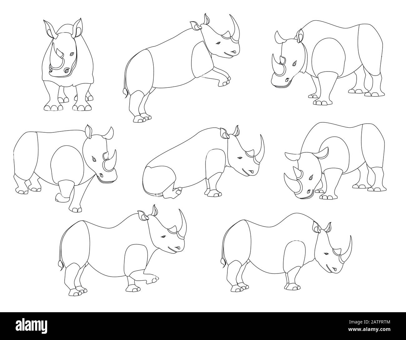 Set di rinoceronti africani in diverse pose contorno cartone animato disegno animale piatto vettore illustrazione isolato su sfondo bianco Illustrazione Vettoriale