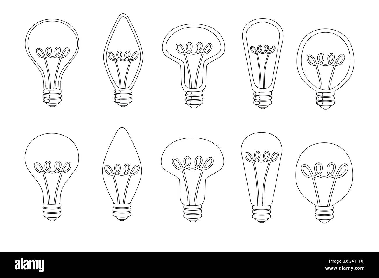 Set di lampade retrò a incandescenza classico stile di contorno disegno piatto vettore illustrazione isolato su sfondo bianco Illustrazione Vettoriale