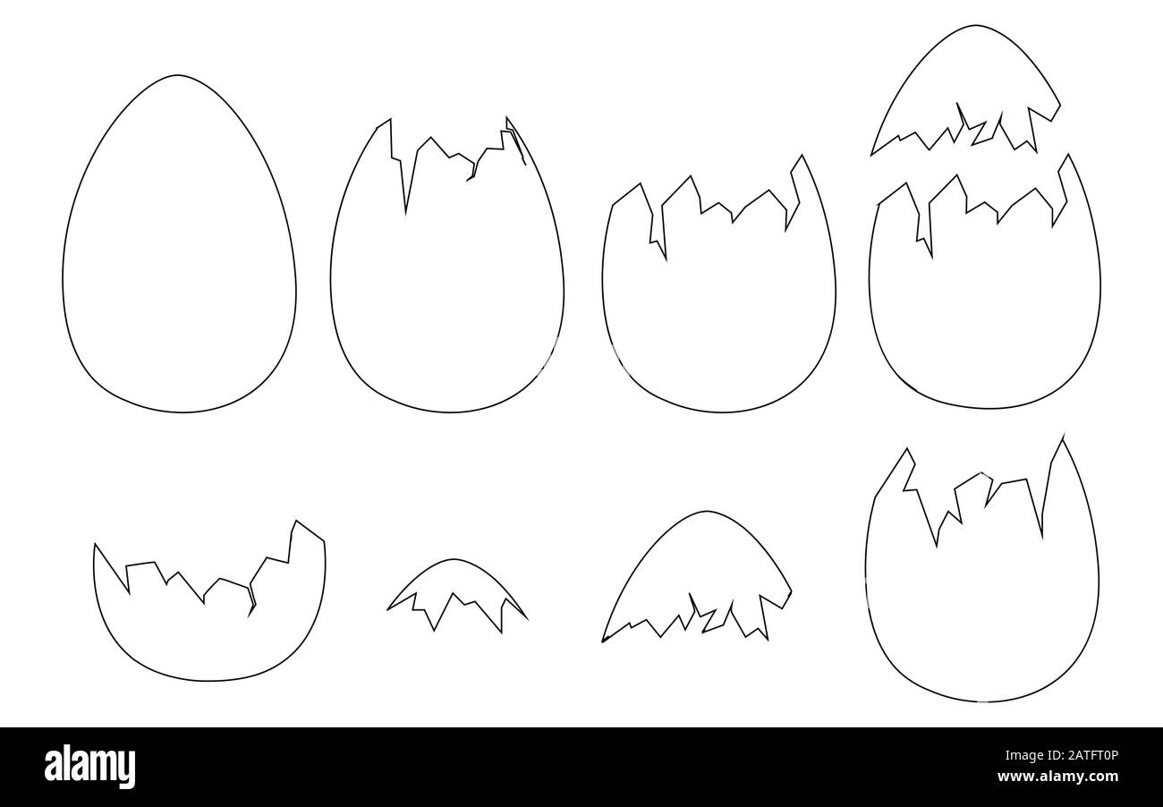 Set di gusci d'uovo intero e cracked o rotto guscio piatto vettore illustrazione isolato su sfondo bianco stile contorno Illustrazione Vettoriale