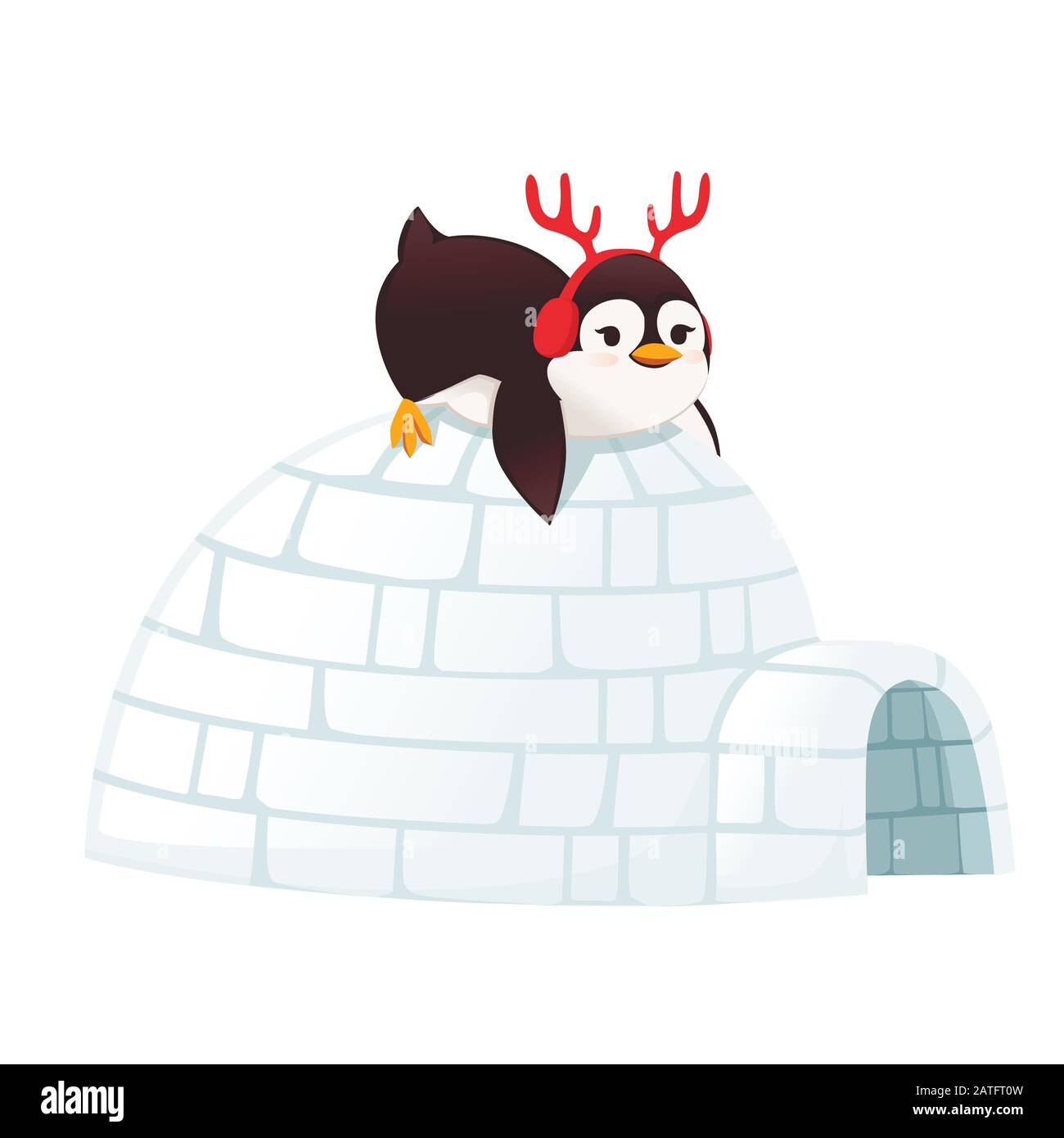 Carino pinguino si trova su ghiaccio artico Igloo costruzione cartone animato animale disegno piatto vettore illustrazione su sfondo bianco Illustrazione Vettoriale