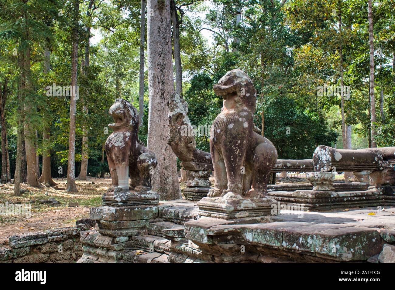 Sculture a He Bayon, Prasat Bayon riccamente decorato tempio Khmer a Angkor in Cambogia Foto Stock