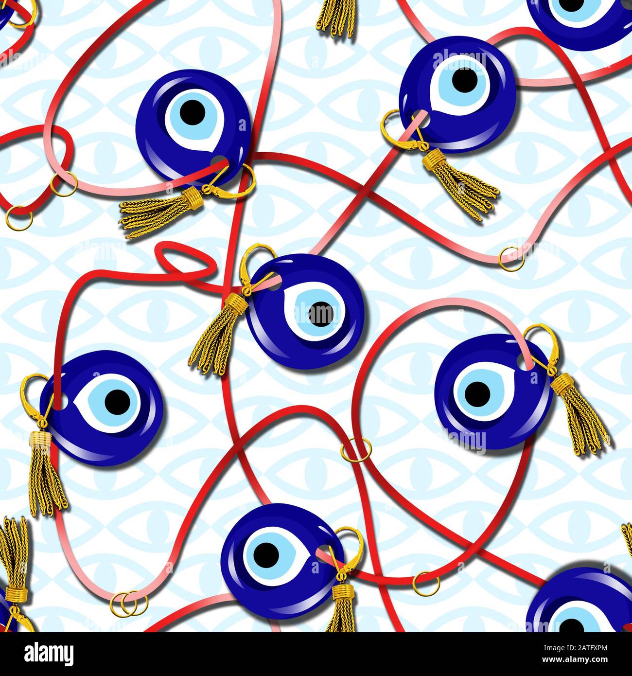 Senza cuciture tradizionale amuleto turco modello, occhio male, blu occhio simbolo, nastro, catena, nappe, sfondo etnico. - Illustrazione Foto Stock