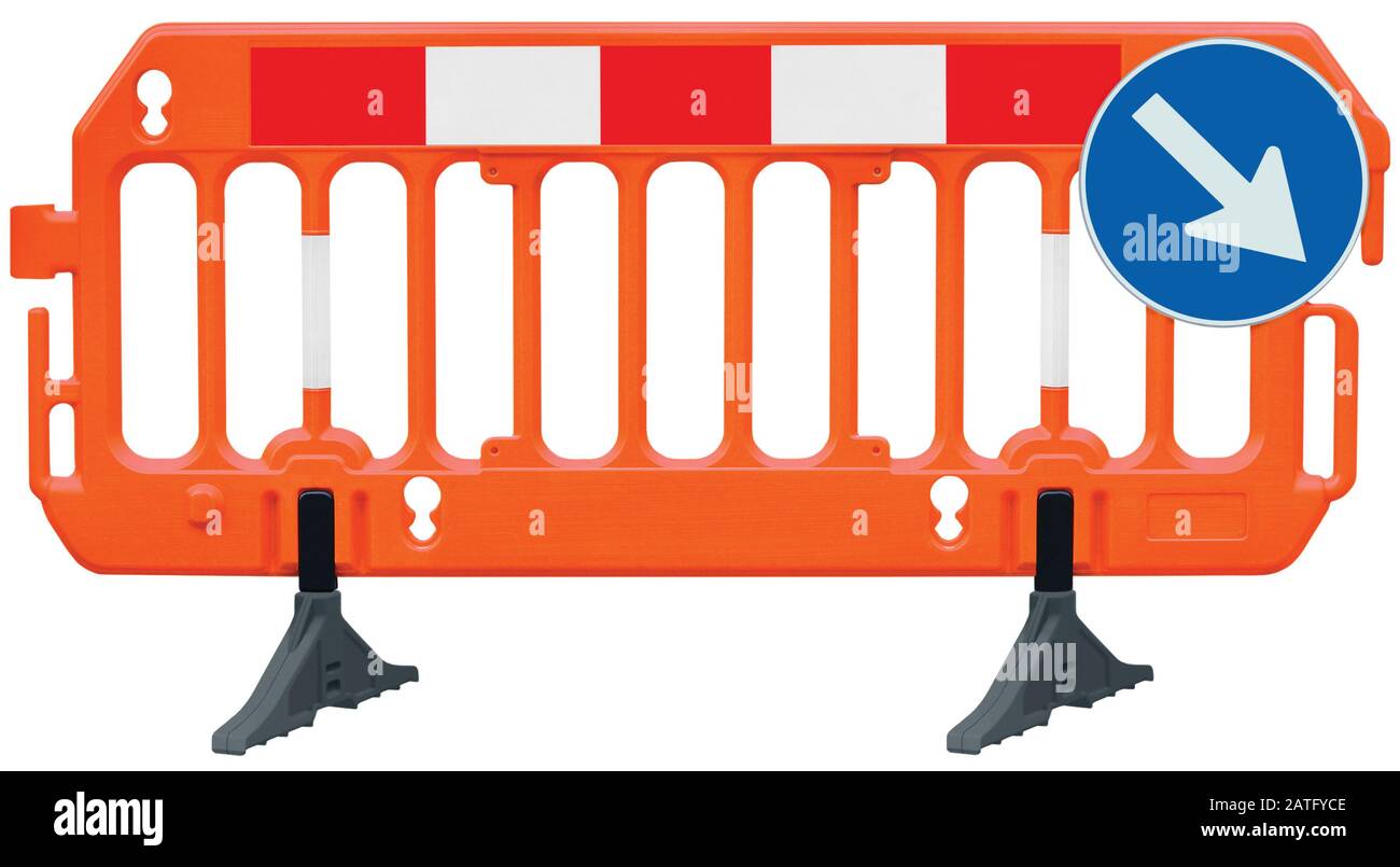 Ostacolo deviazione strada barriera recinzione stradale barricata, arancione rosso e bianco stop luminescente segnale, obbligatorio mantenere destra strada segno senza saldatura isolato Foto Stock