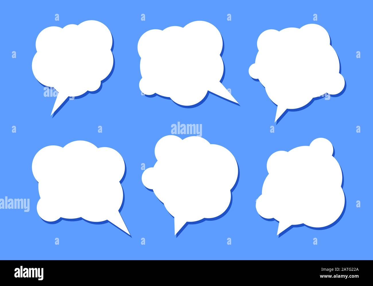 Set di sei bolle vocali bianche con ombra su sfondo blu. Illustrazione Vettoriale