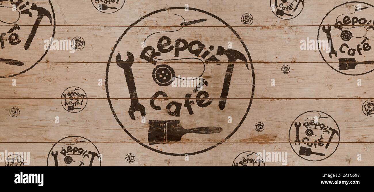 Logo Repair Cafe su tavola di legno, intestazione o sfondo, movimento del consumatore per riparare gli articoli domestici per ridurre gli sprechi e sostenere un wa sostenibile zero Foto Stock