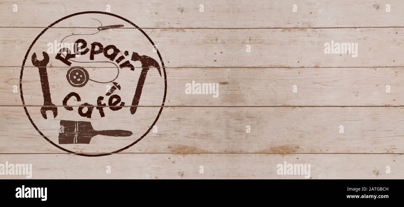 Logo Repair Cafe su tavola di legno, intestazione o sfondo con copyspace, movimento del consumatore per riparare gli articoli domestici per ridurre gli sprechi e sostenere un gusto Foto Stock