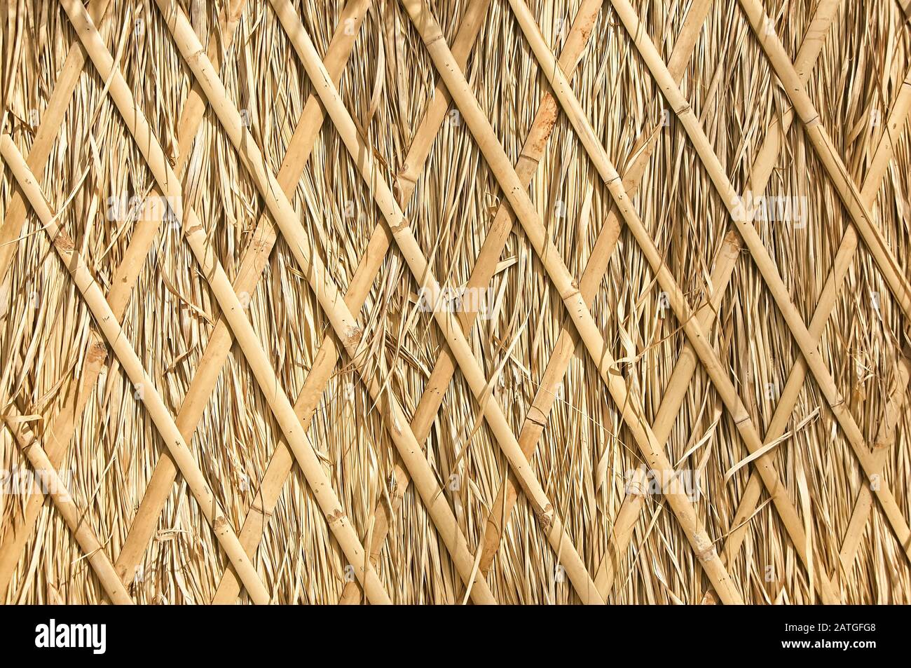 Primo piano di paglia sfondo tetto, fieno o erba secca sfondo, Tetto Di Paglia, fieno erba, paglia secca, tetto texture sfondo. Foto Stock