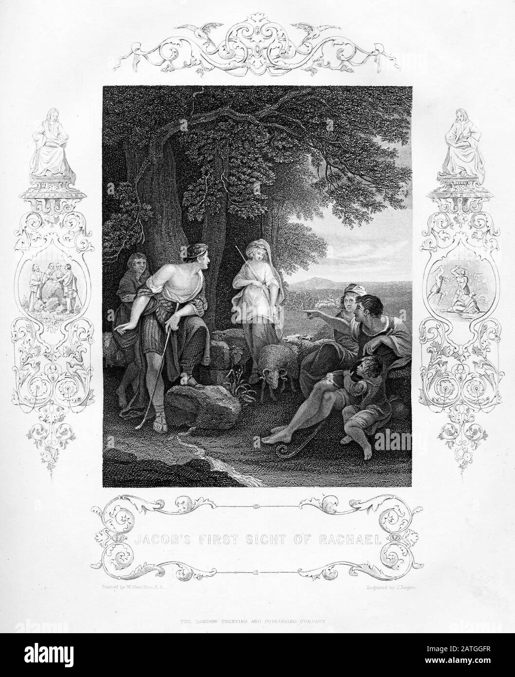 Incisione di Giacobbe che incontra Rachele per la prima volta. Da un'edizione di Josephus, stampato nella 1800s. Foto Stock