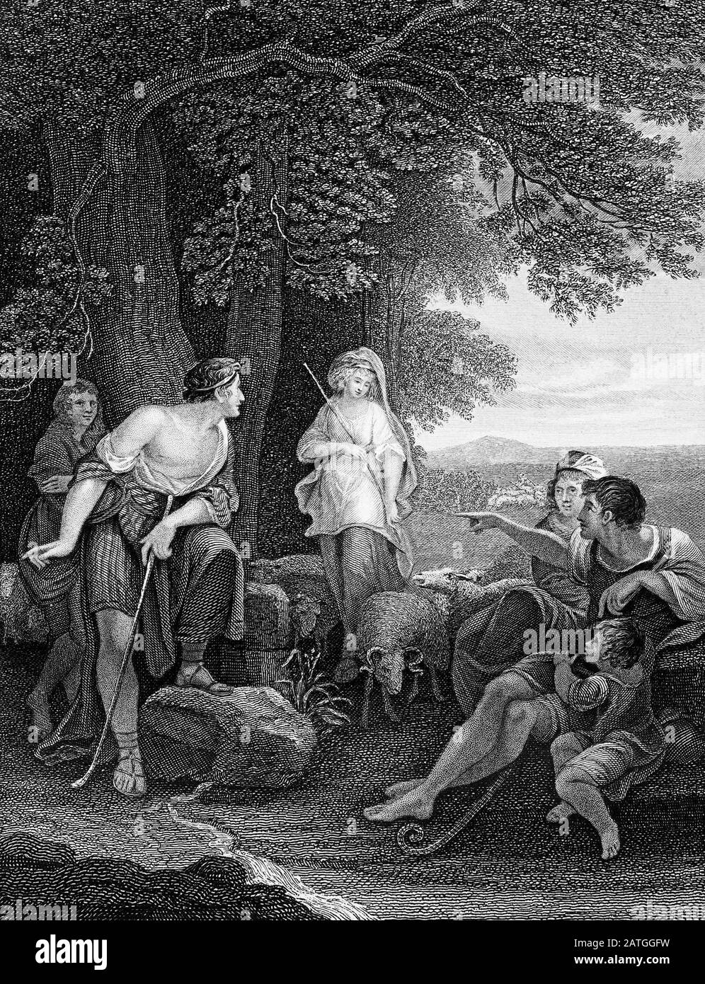 Incisione di Giacobbe che incontra Rachele per la prima volta. Da un'edizione di Josephus, stampato nella 1800s. Foto Stock