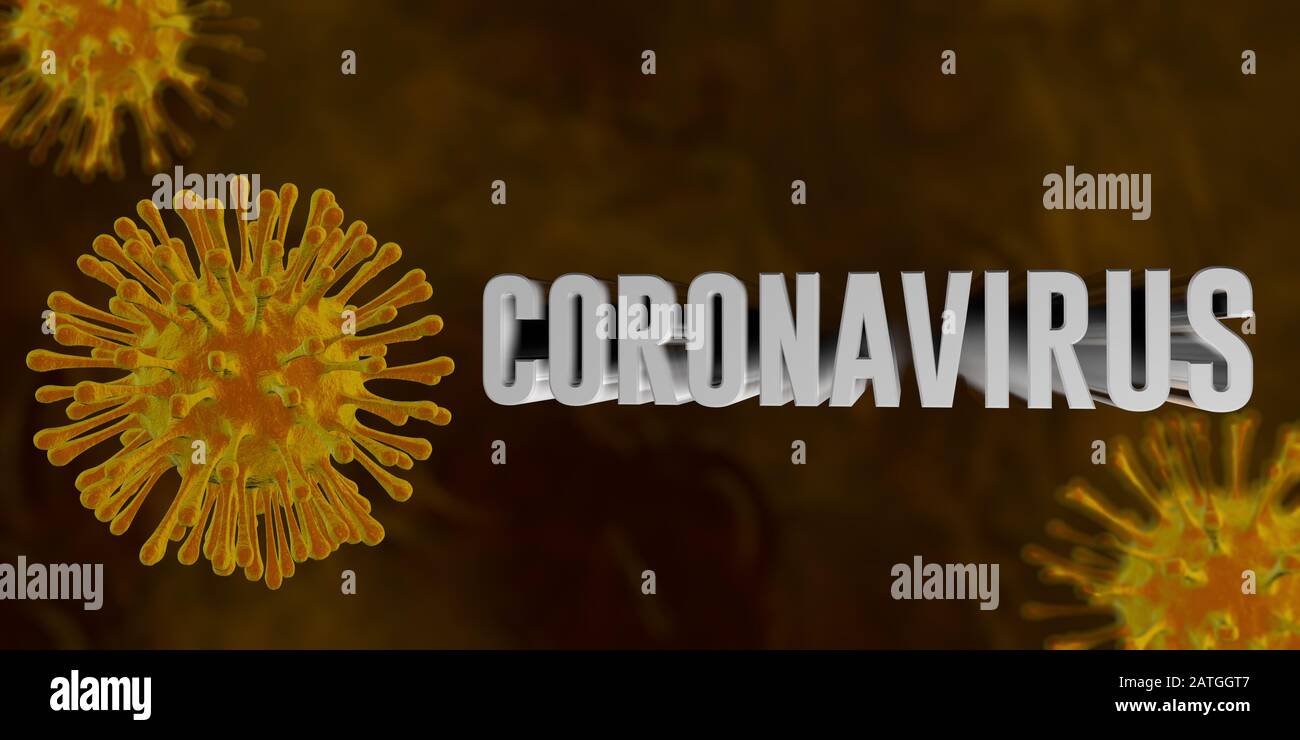 Virus gialli struttura ruvida con parola CORONAVIRUS fluttuante su sfondo giallo scuro. Illustrazione 3D Foto Stock