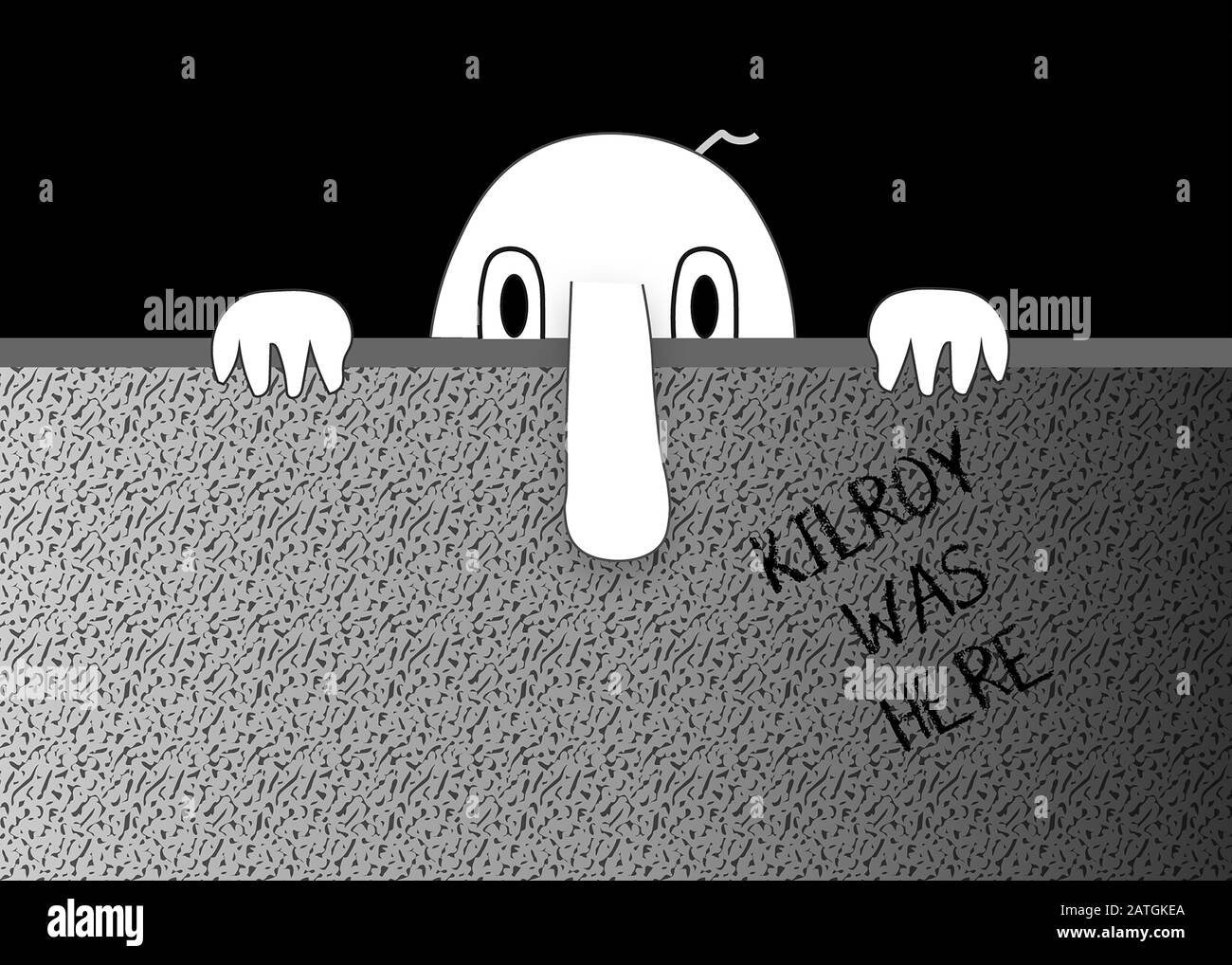 Personaggio Kilroy che sbirciava dietro il muro. Illustrazione grafica Foto Stock